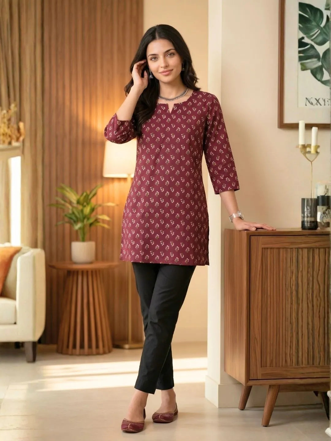 BURGUNDY FLORAL BLOCK PRINT SHORT TOP