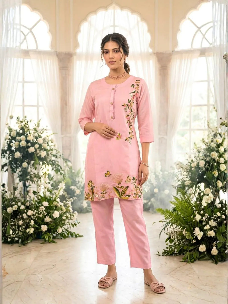 PINK BLOSSOM EMBROIDERED COTTON CO-ORD SET