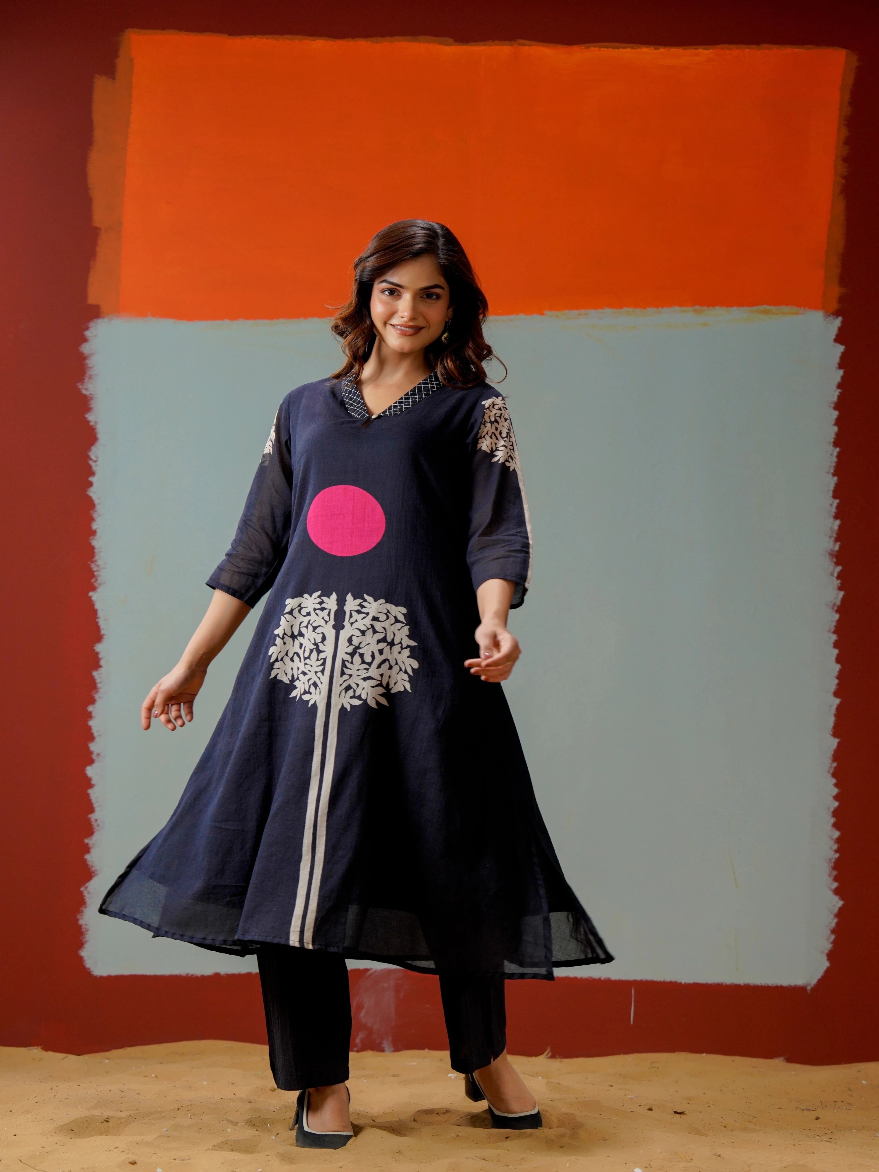NAVY TREE OF LIFE KURTA SET