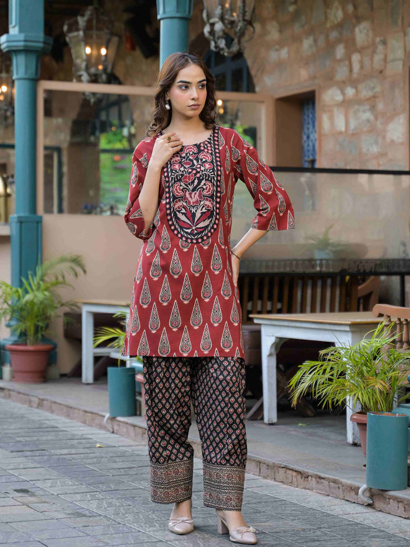 RUST RED AJRAK PRINTED WITH EMBROIDERED FARSHI SALWAR CO-ORD SET