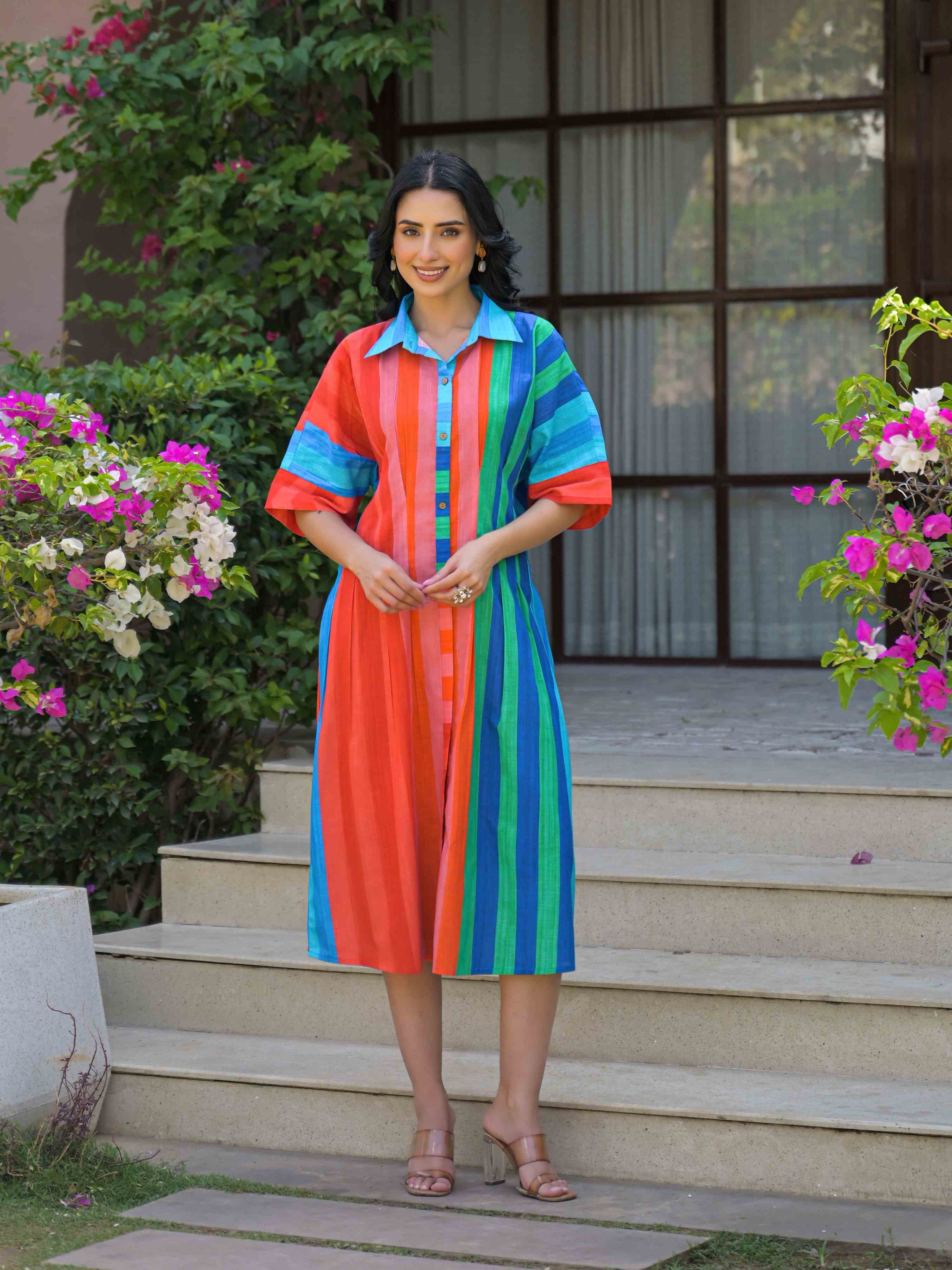 VIBRANT MULTICOLOR STRIPED MUL COTTON LONG DRESS