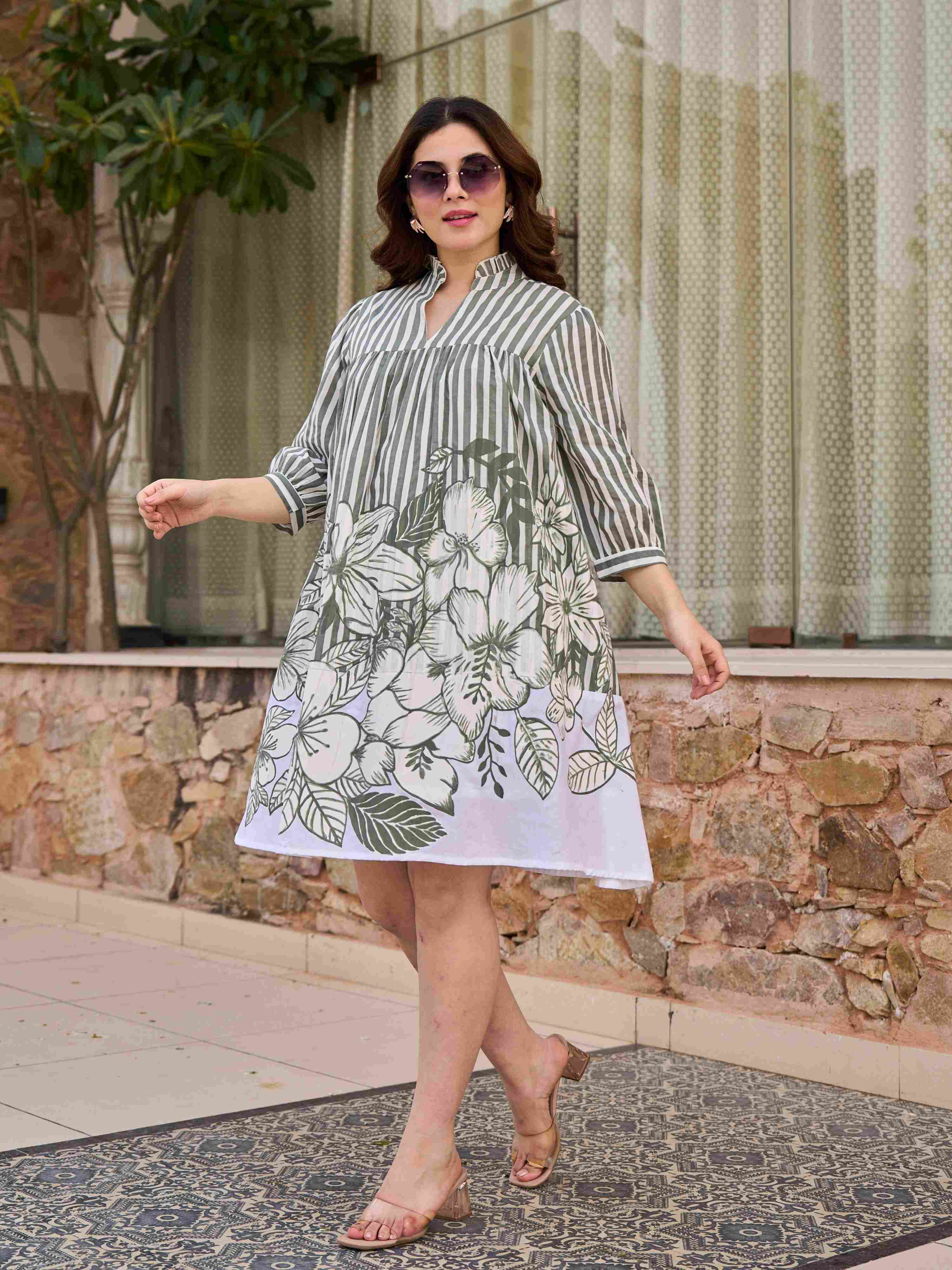 BOTANICAL STRIPE CHARM PURE COTTON SHORT DRESS