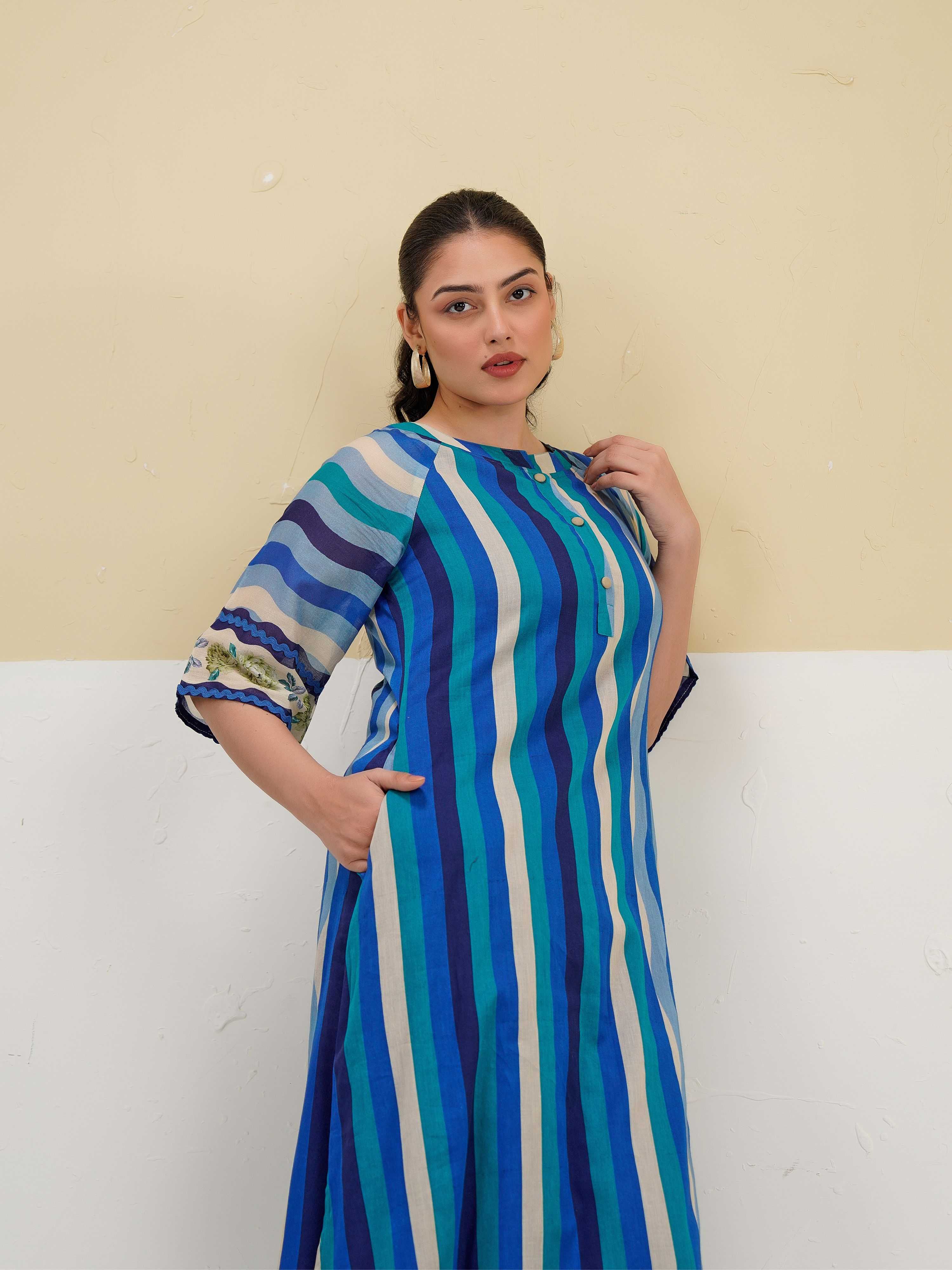 SEA BREEZE STRIPE PURE MUL COTTON KURTA SET