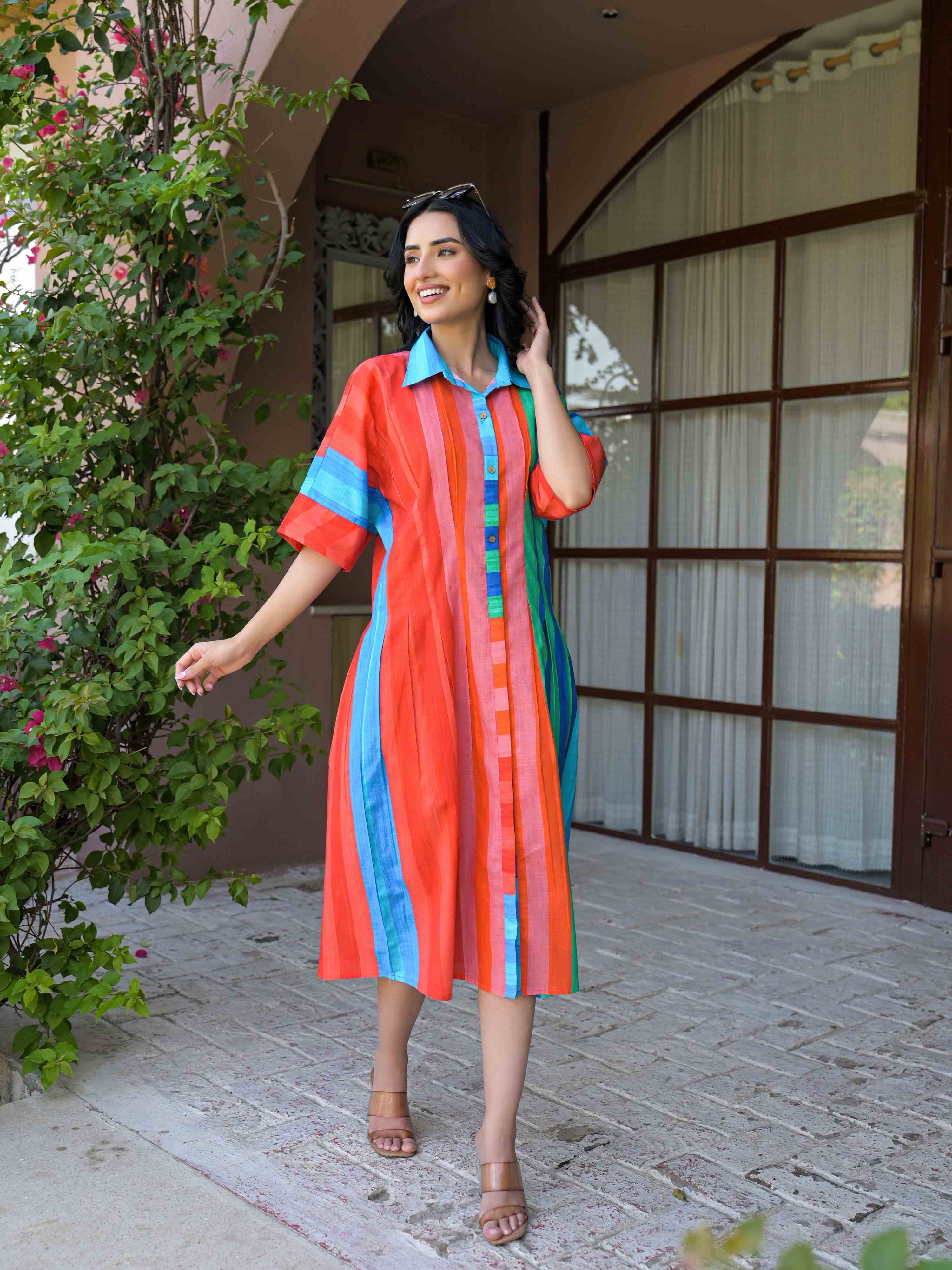 VIBRANT MULTICOLOR STRIPED MUL COTTON LONG DRESS