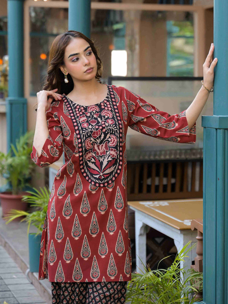RUST RED AJRAK PRINTED WITH EMBROIDERED FARSHI SALWAR CO-ORD SET