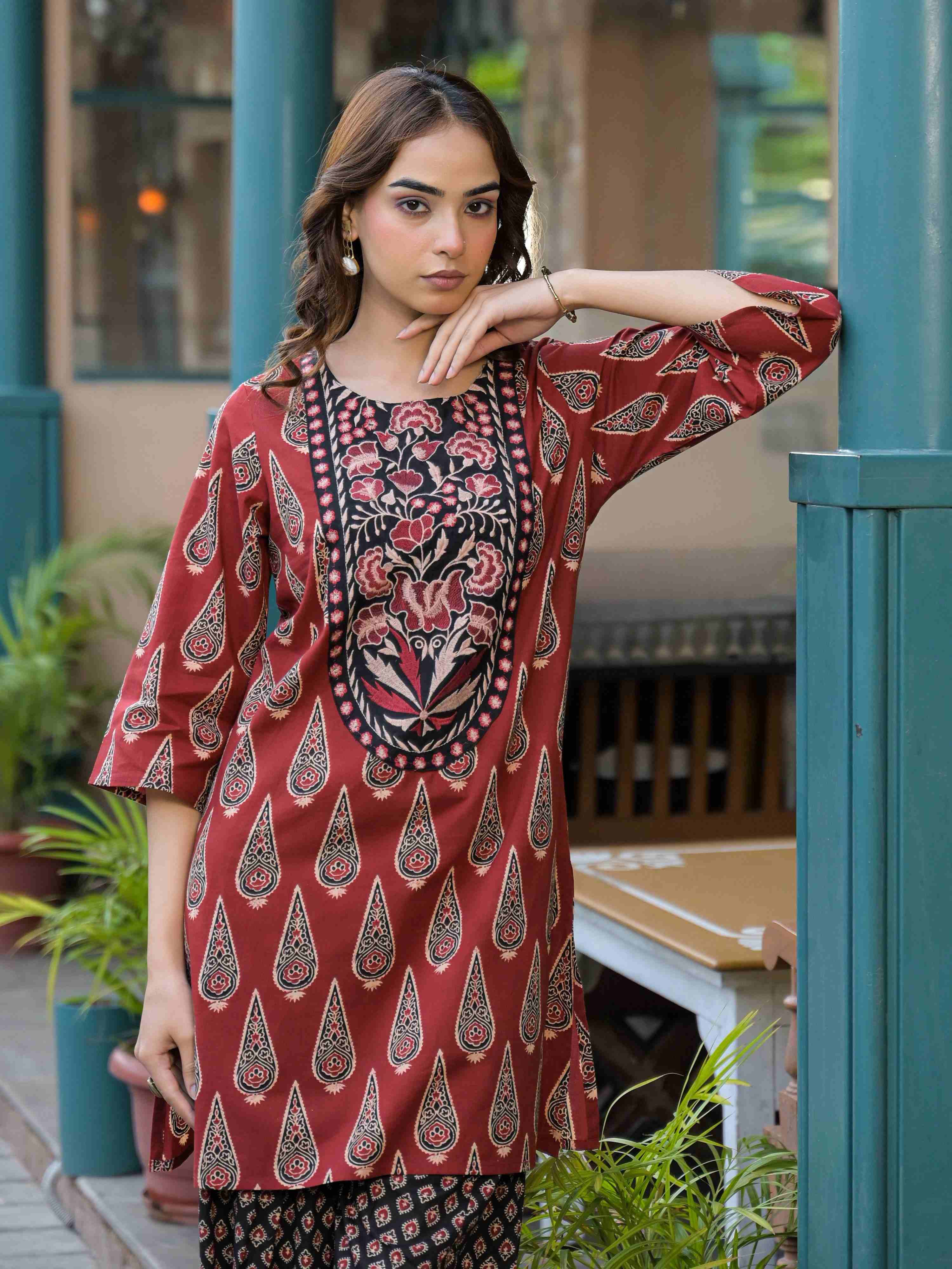 RUST RED AJRAK PRINTED WITH EMBROIDERED FARSHI SALWAR CO-ORD SET