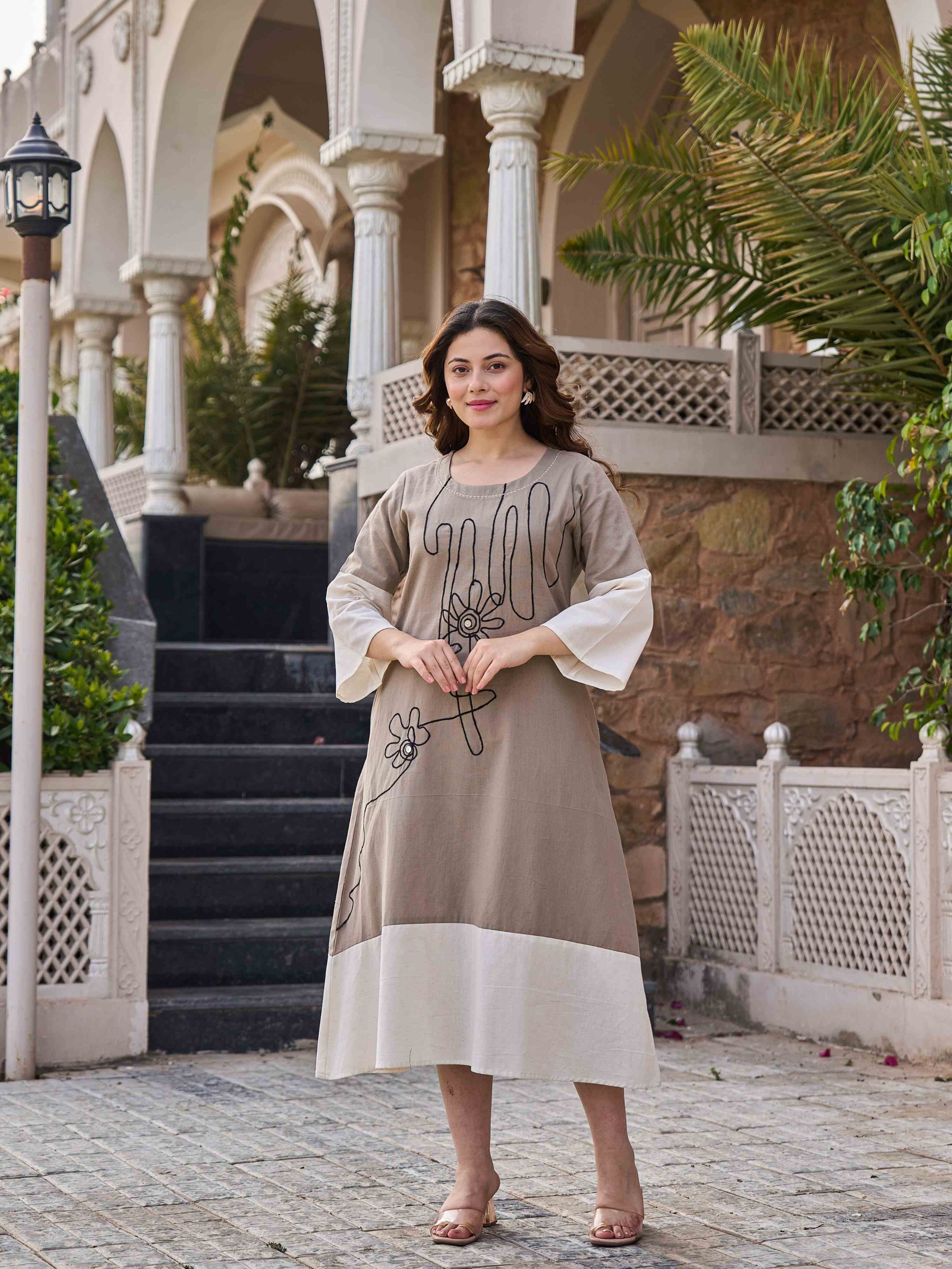 BOHO CHIC EMBROIDERED FLARE PURE FLEX COTTON LONG DRESS