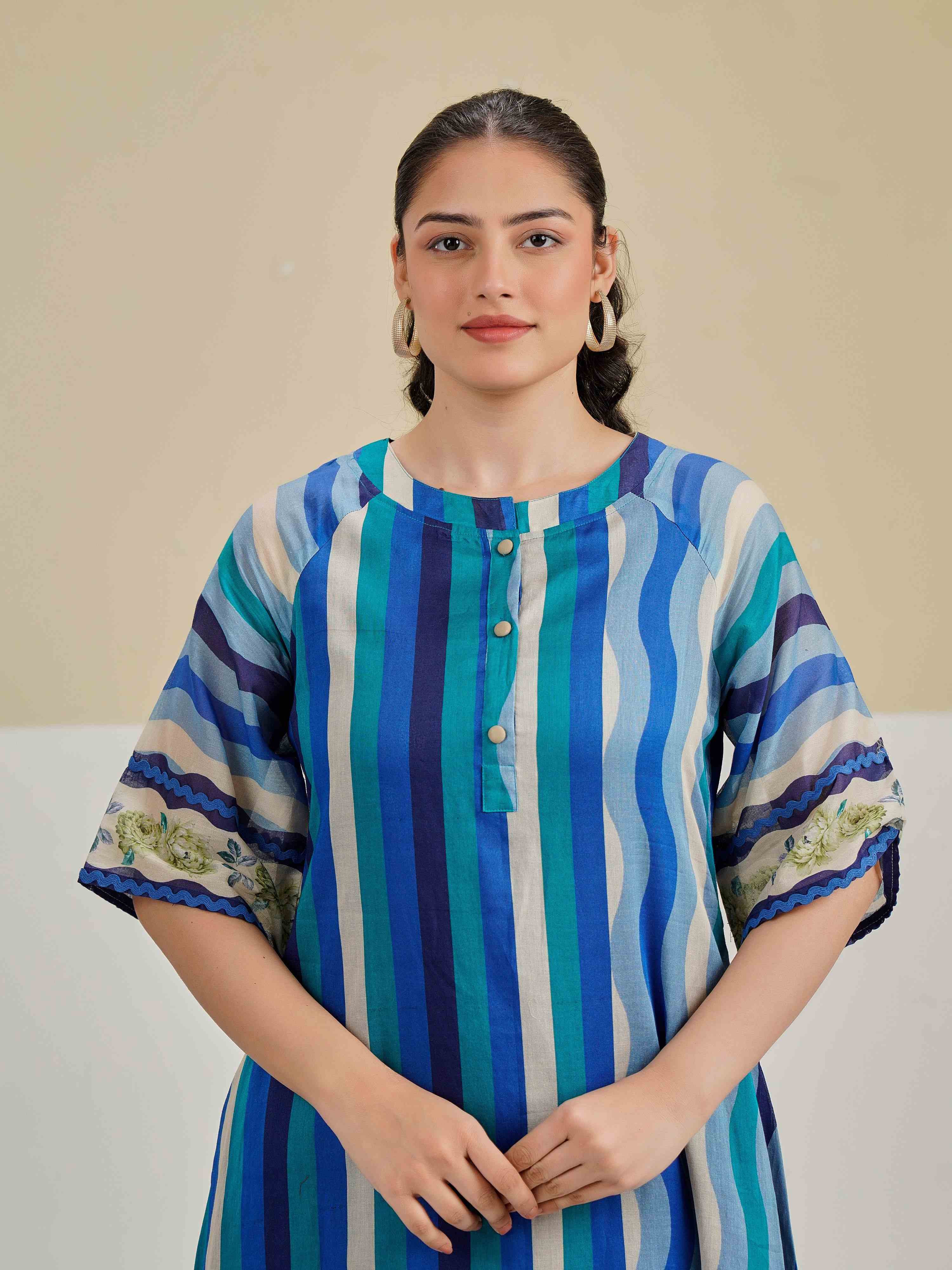 SEA BREEZE STRIPE PURE MUL COTTON KURTA SET