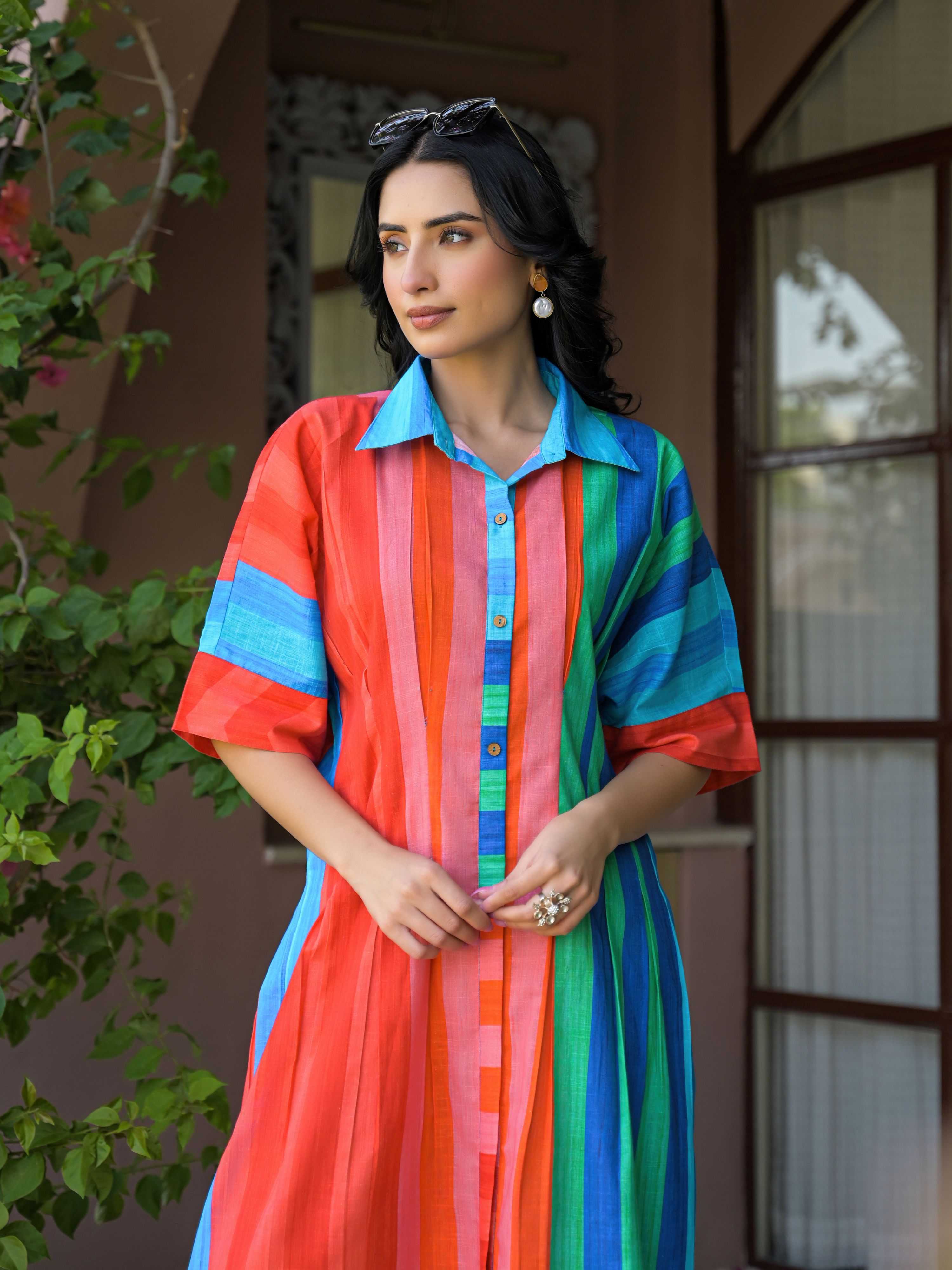 VIBRANT MULTICOLOR STRIPED MUL COTTON LONG DRESS
