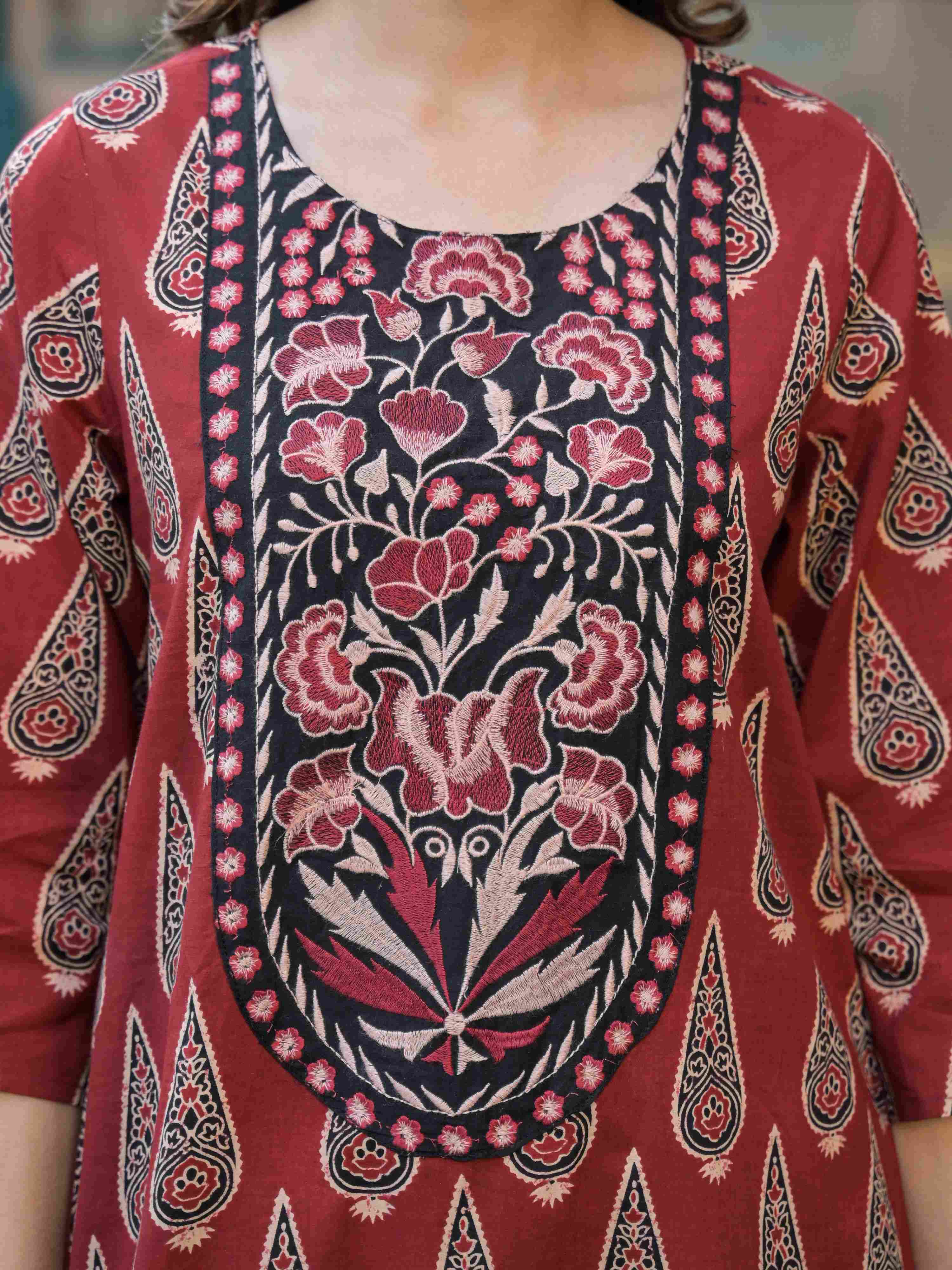 RUST RED AJRAK PRINTED WITH EMBROIDERED FARSHI SALWAR CO-ORD SET