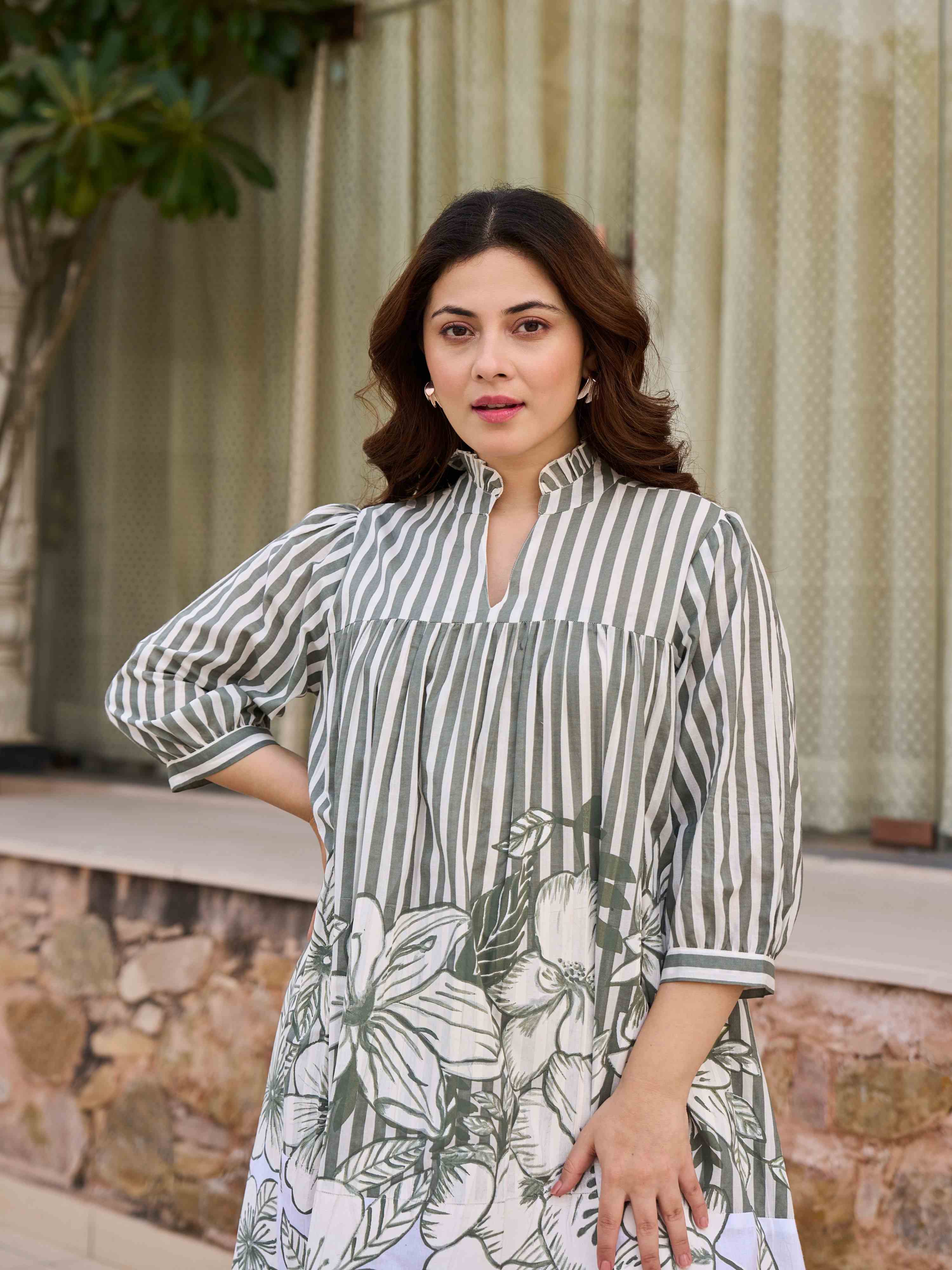 BOTANICAL STRIPE CHARM PURE COTTON SHORT DRESS