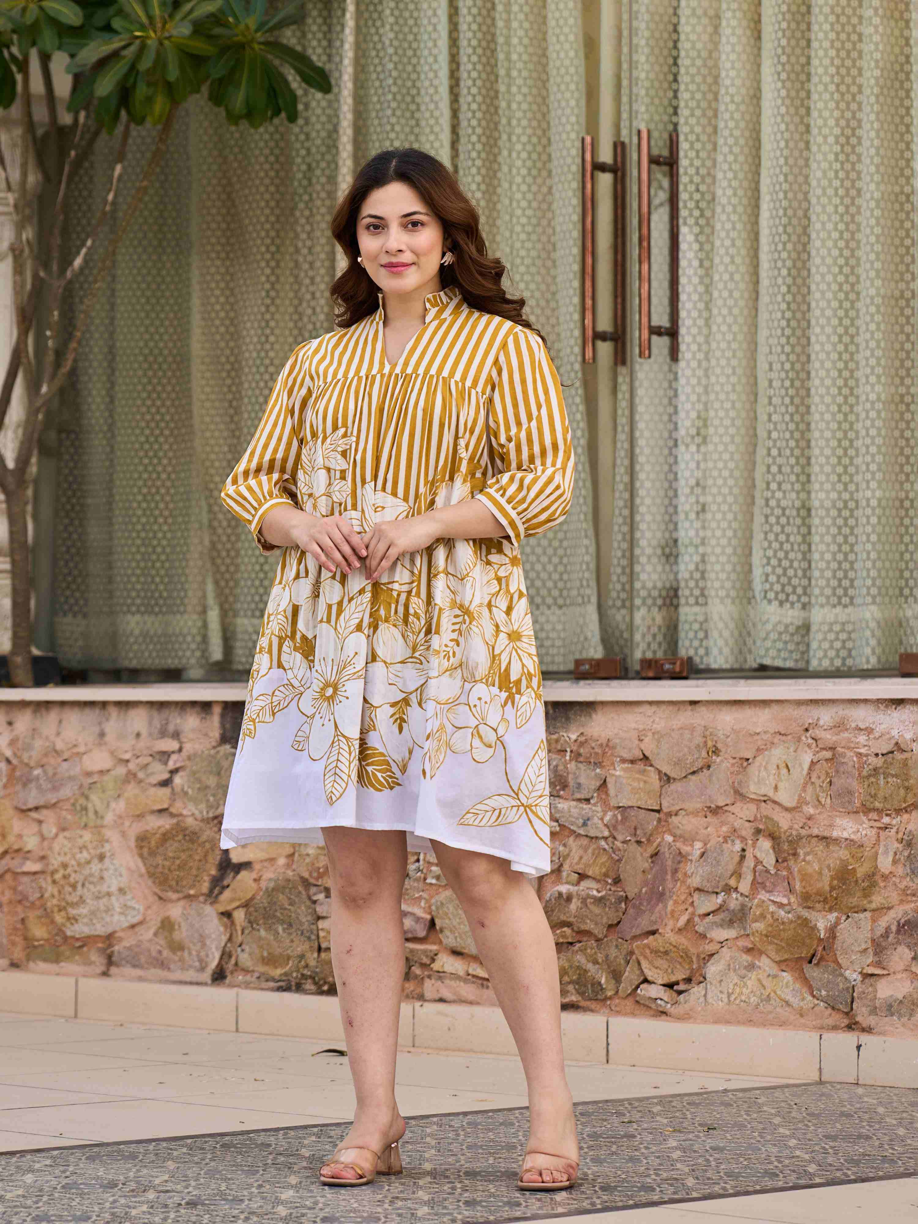 EARTHY BLOOM SWING FIT PURE COTTON SHORT DRESS