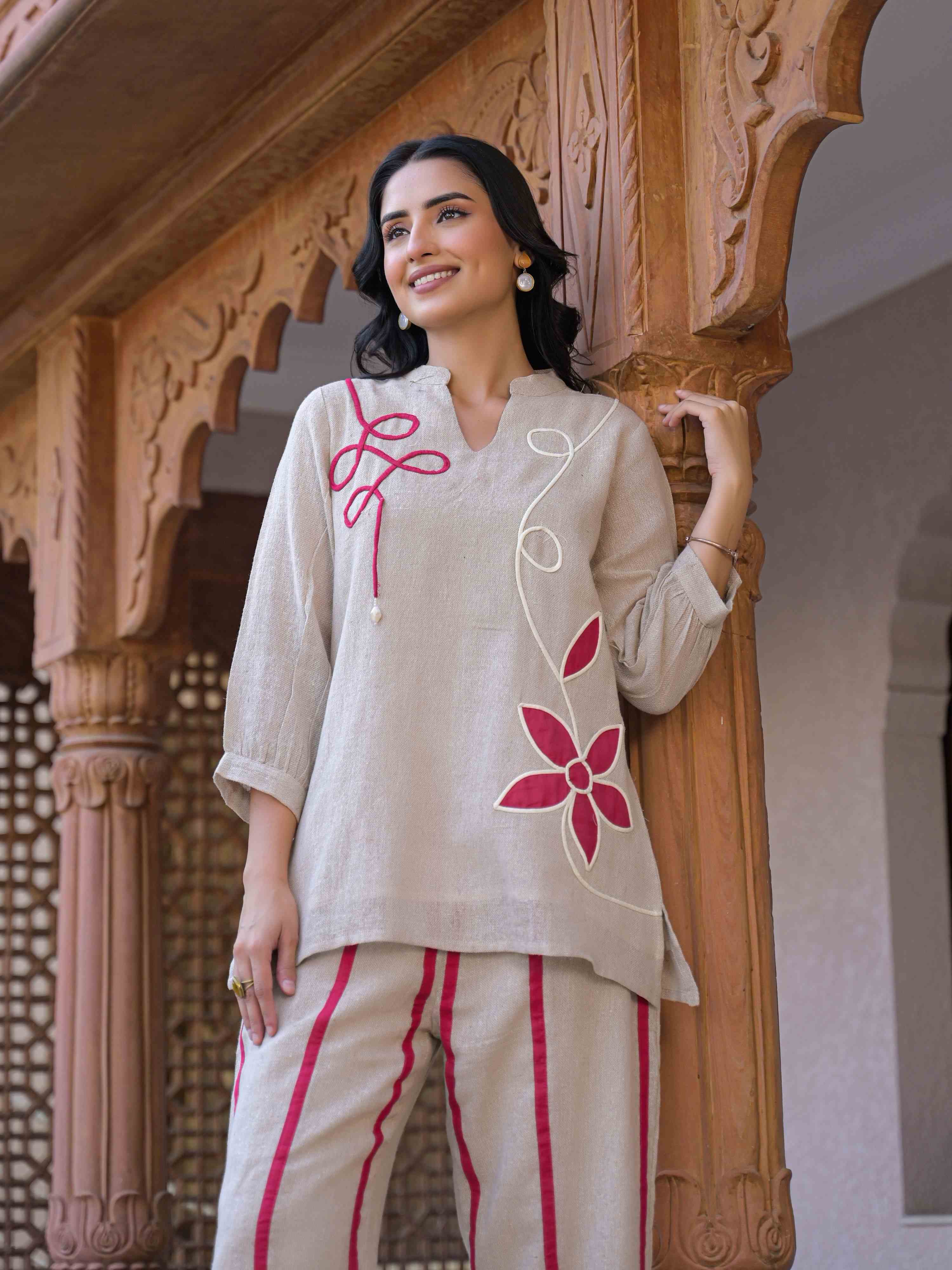 MAGENTA BLOSSOM PURE LINEN EMBROIDERED CO-ORD SET