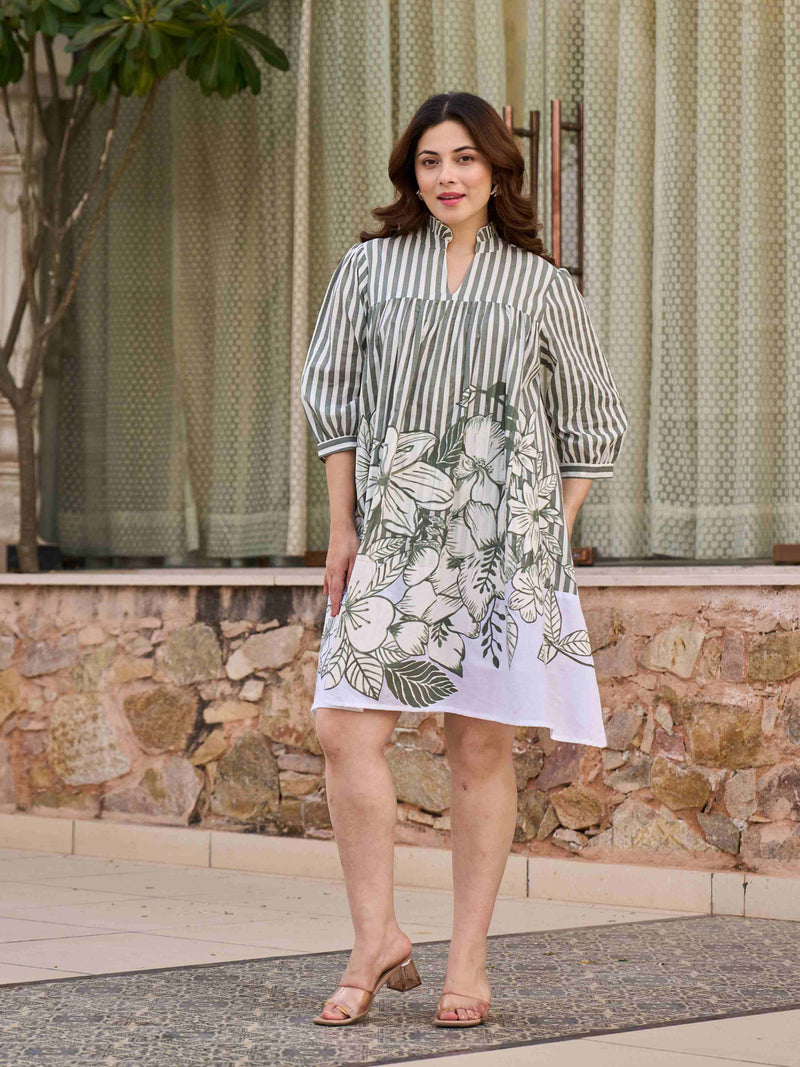 BOTANICAL STRIPE CHARM PURE COTTON SHORT DRESS
