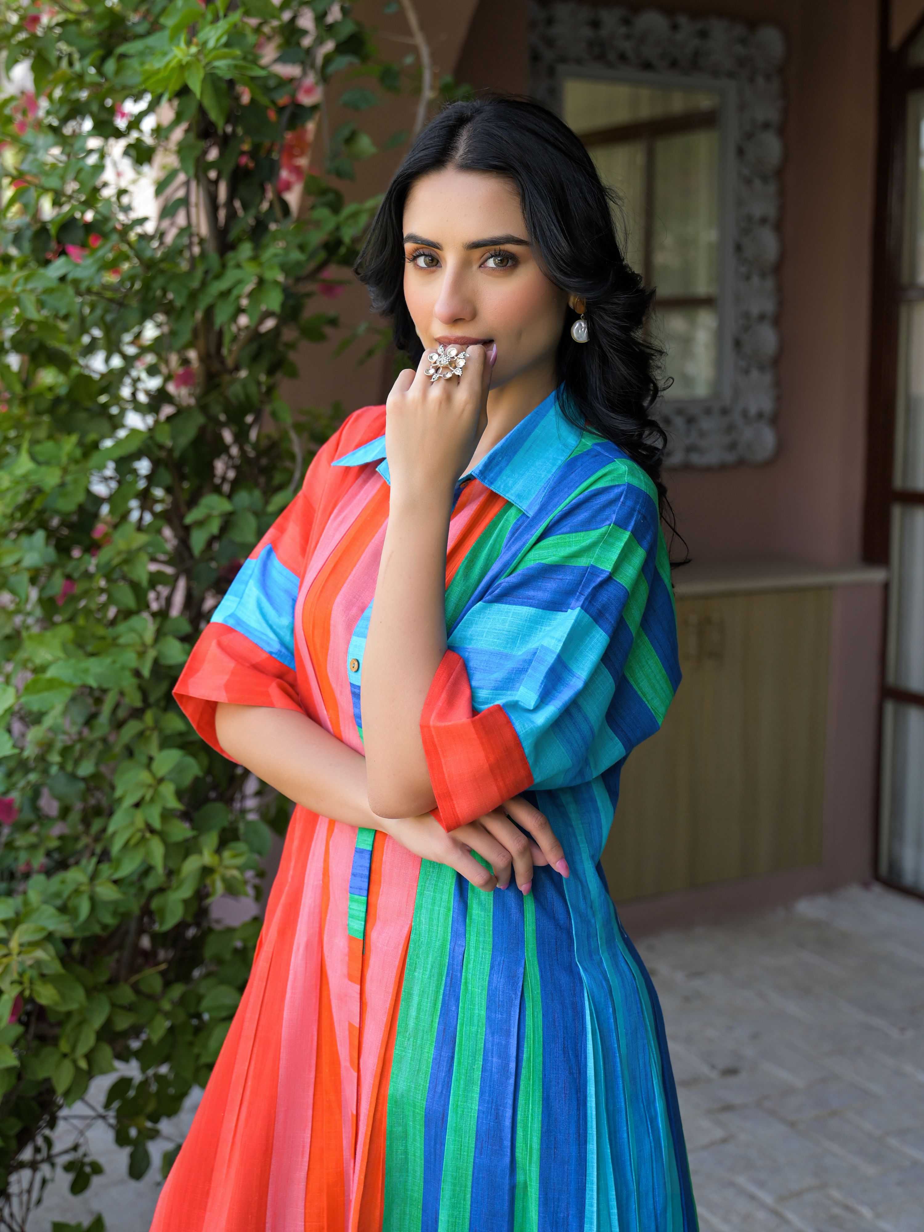 VIBRANT MULTICOLOR STRIPED MUL COTTON LONG DRESS