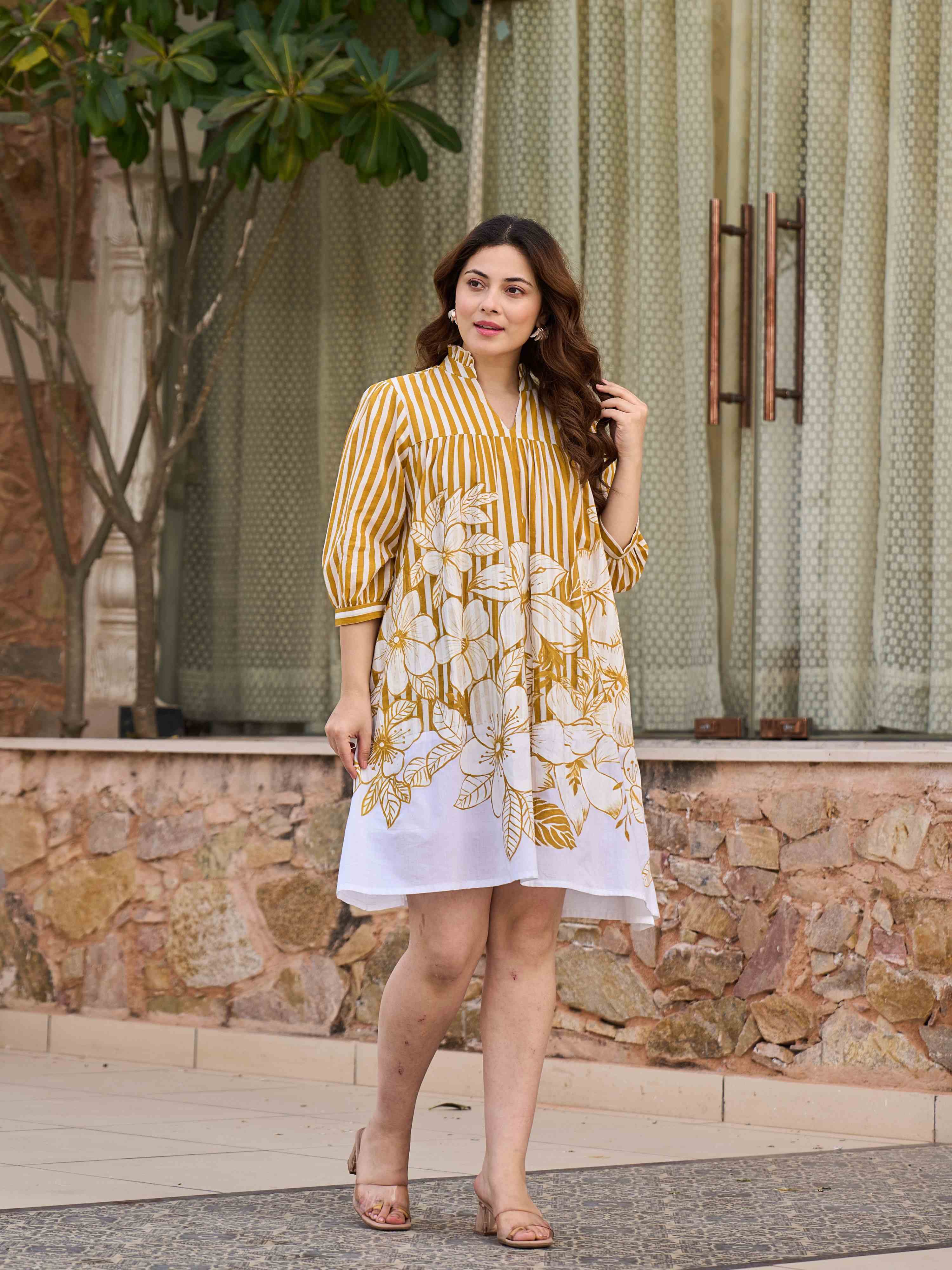 EARTHY BLOOM SWING FIT PURE COTTON SHORT DRESS