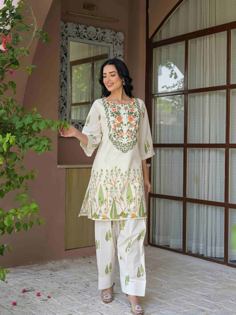 IVORY BLOSSOM GARDEN PURE COTTON FARSHI CO-ORD SET