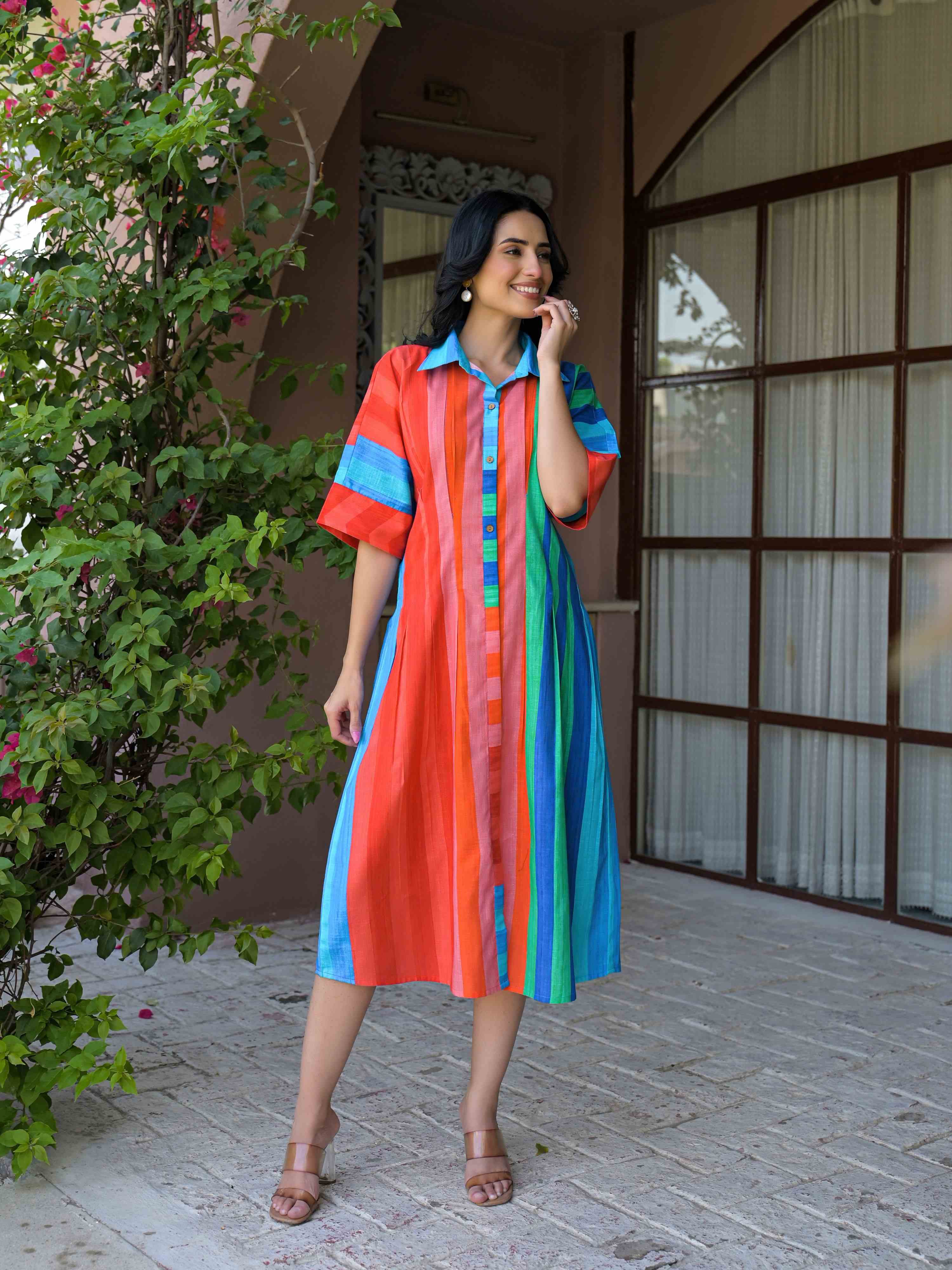 VIBRANT MULTICOLOR STRIPED MUL COTTON LONG DRESS