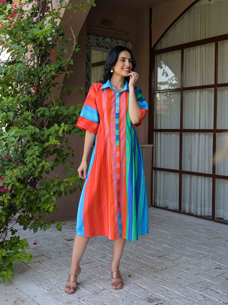 VIBRANT MULTICOLOR STRIPED MUL COTTON LONG DRESS