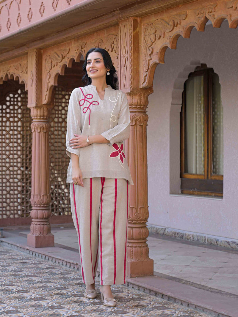 MAGENTA BLOSSOM PURE LINEN EMBROIDERED CO-ORD SET