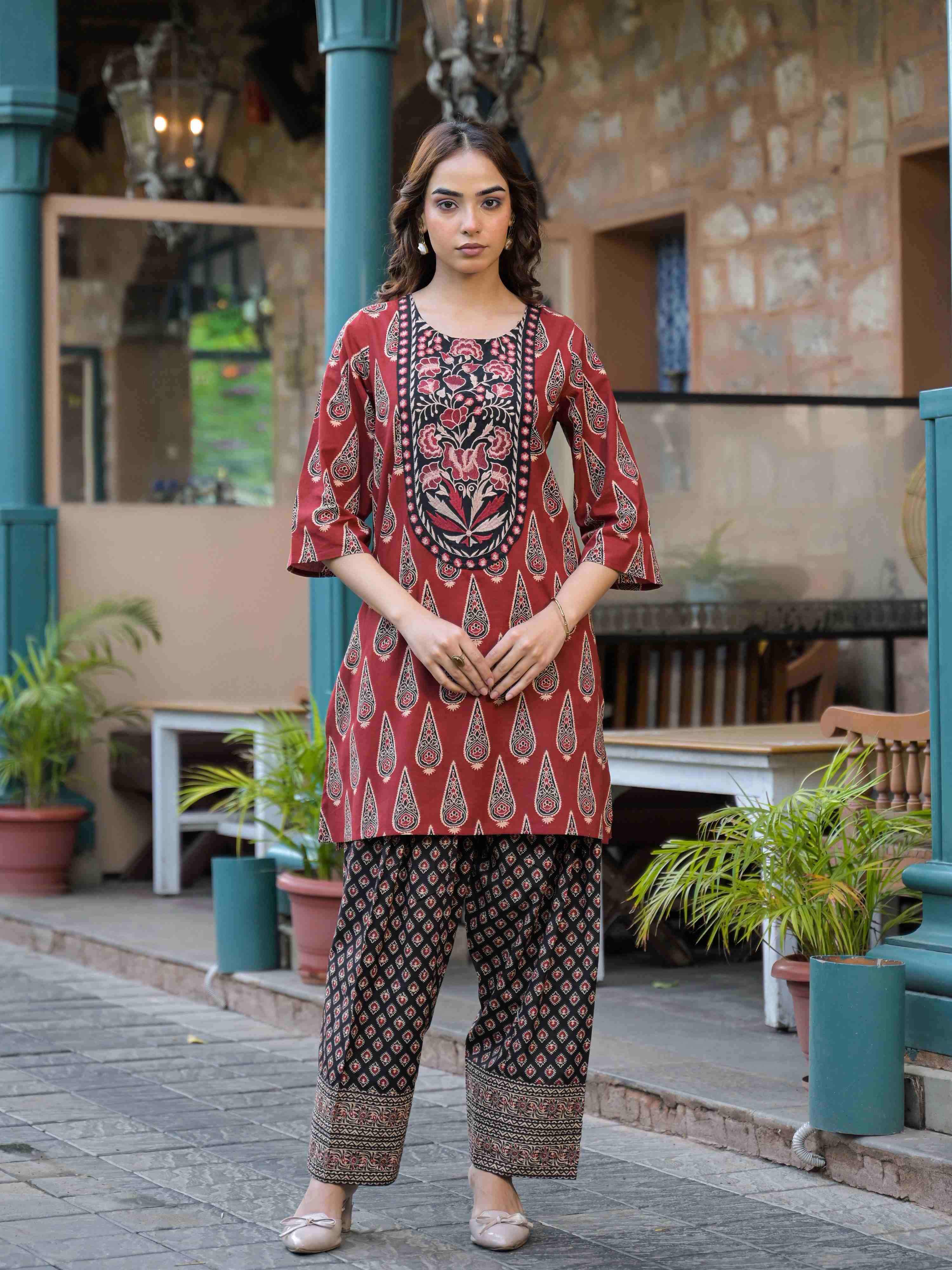 RUST RED AJRAK PRINTED WITH EMBROIDERED FARSHI SALWAR CO-ORD SET