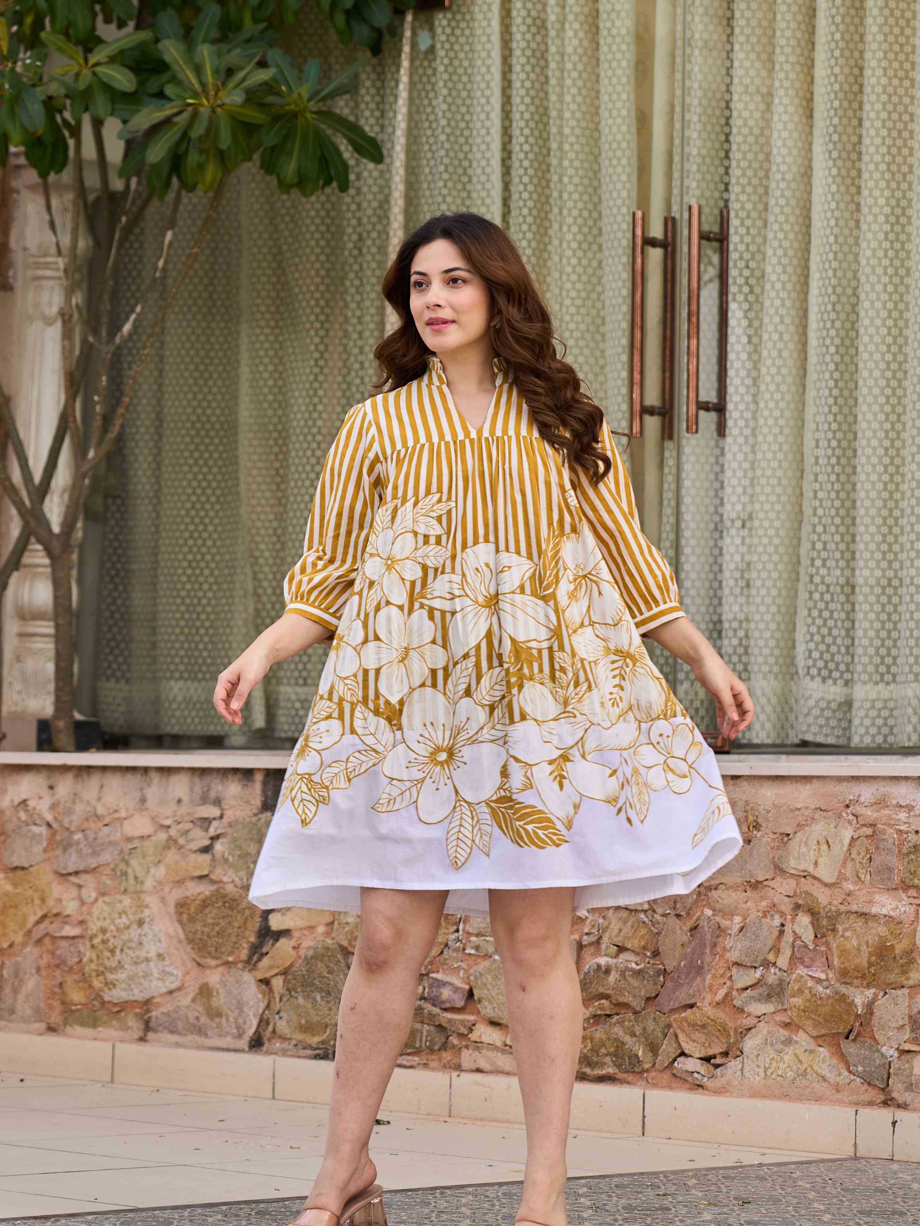 EARTHY BLOOM SWING FIT PURE COTTON SHORT DRESS