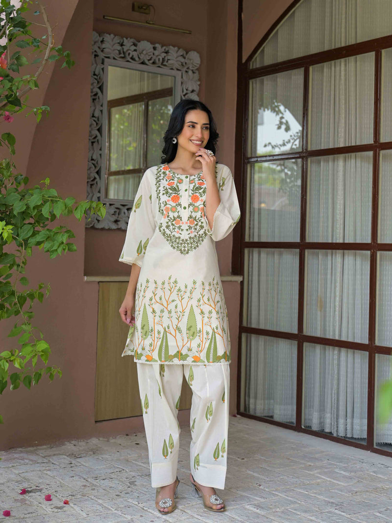 IVORY BLOSSOM GARDEN PURE COTTON FARSHI CO-ORD SET