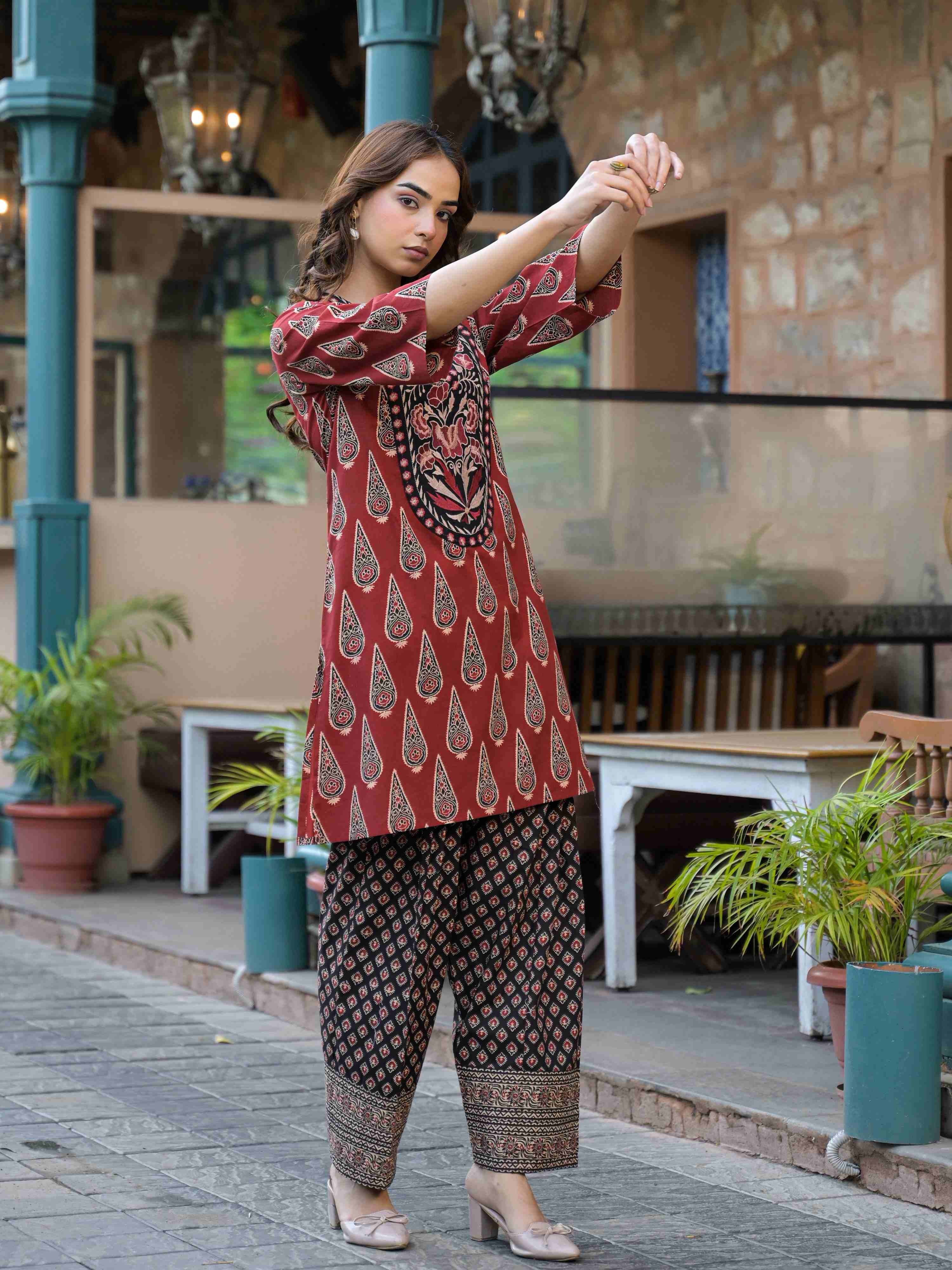 RUST RED AJRAK PRINTED WITH EMBROIDERED FARSHI SALWAR CO-ORD SET