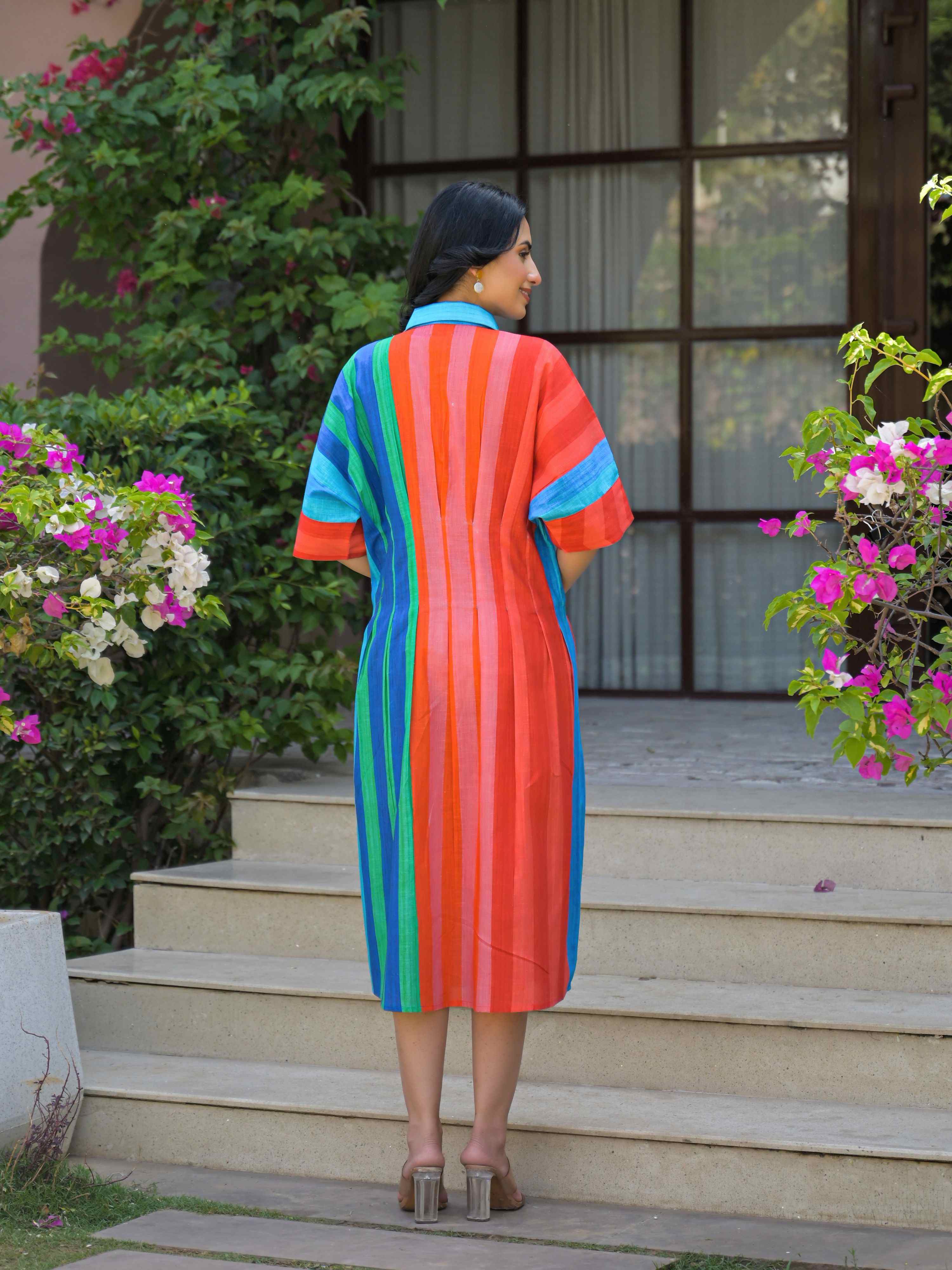 VIBRANT MULTICOLOR STRIPED MUL COTTON LONG DRESS