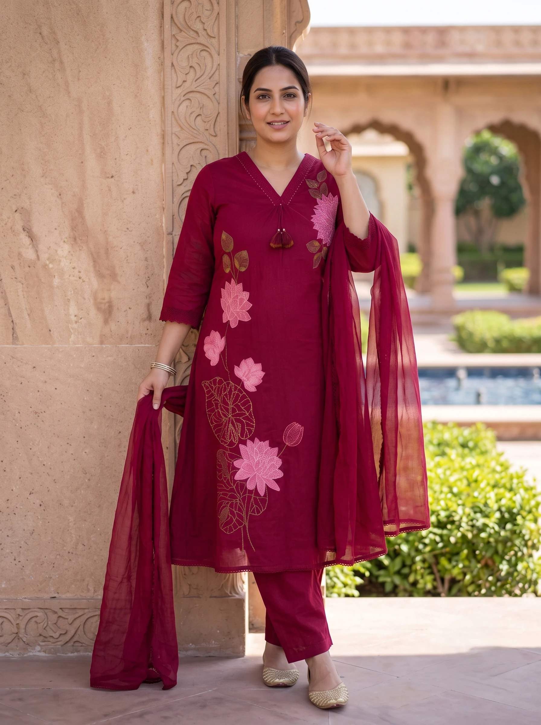MAROON BLOSSOM THREADWORK A-LINE MUL COTTON SUIT