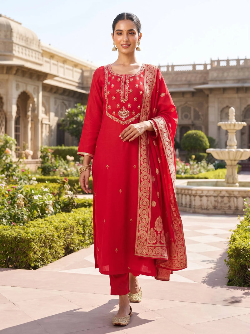 NAZAKAT RED HANDWORK WITH BANARSI DUPATTA SUIT SET