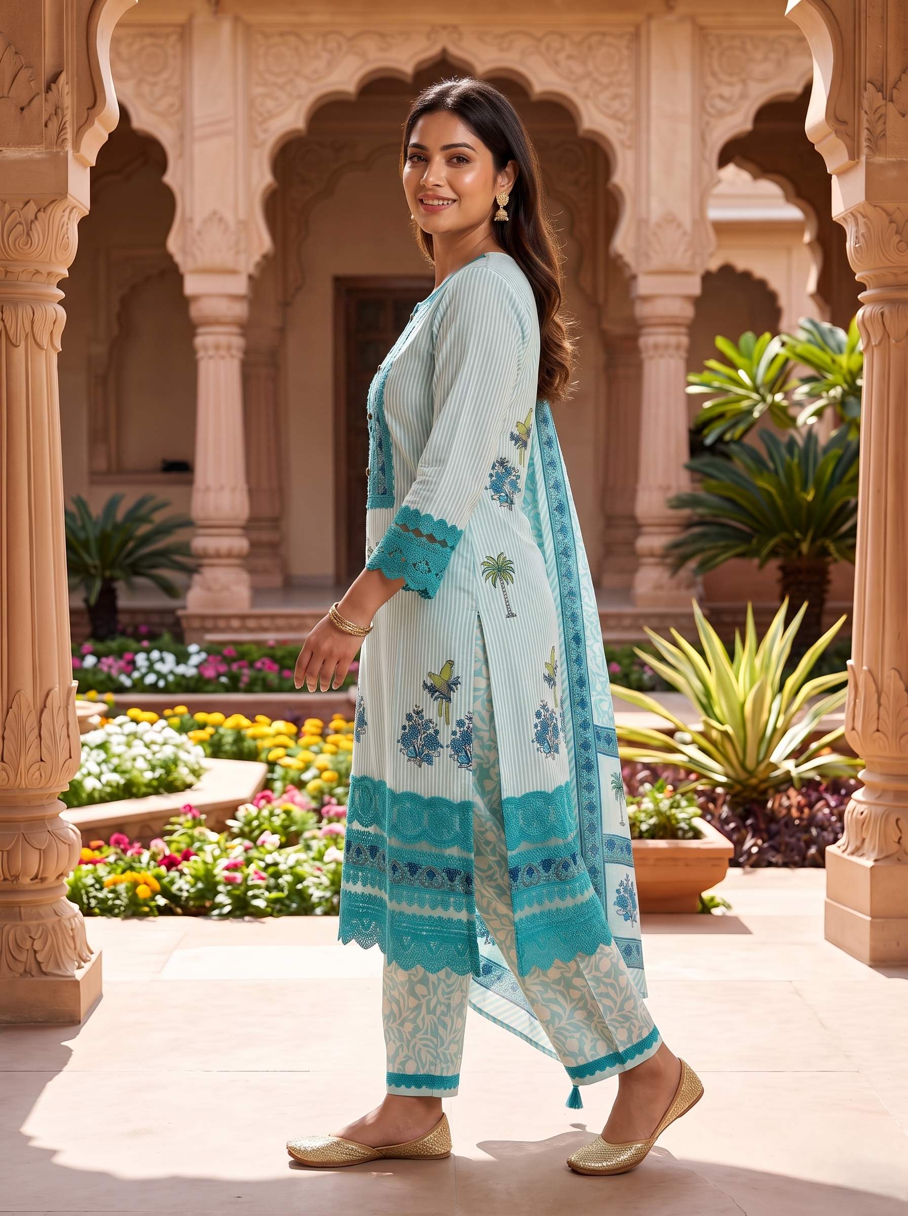 AQUA BLUE EMBROIDERED COTTON PAKISTANI SUIT WITH DUPATTA