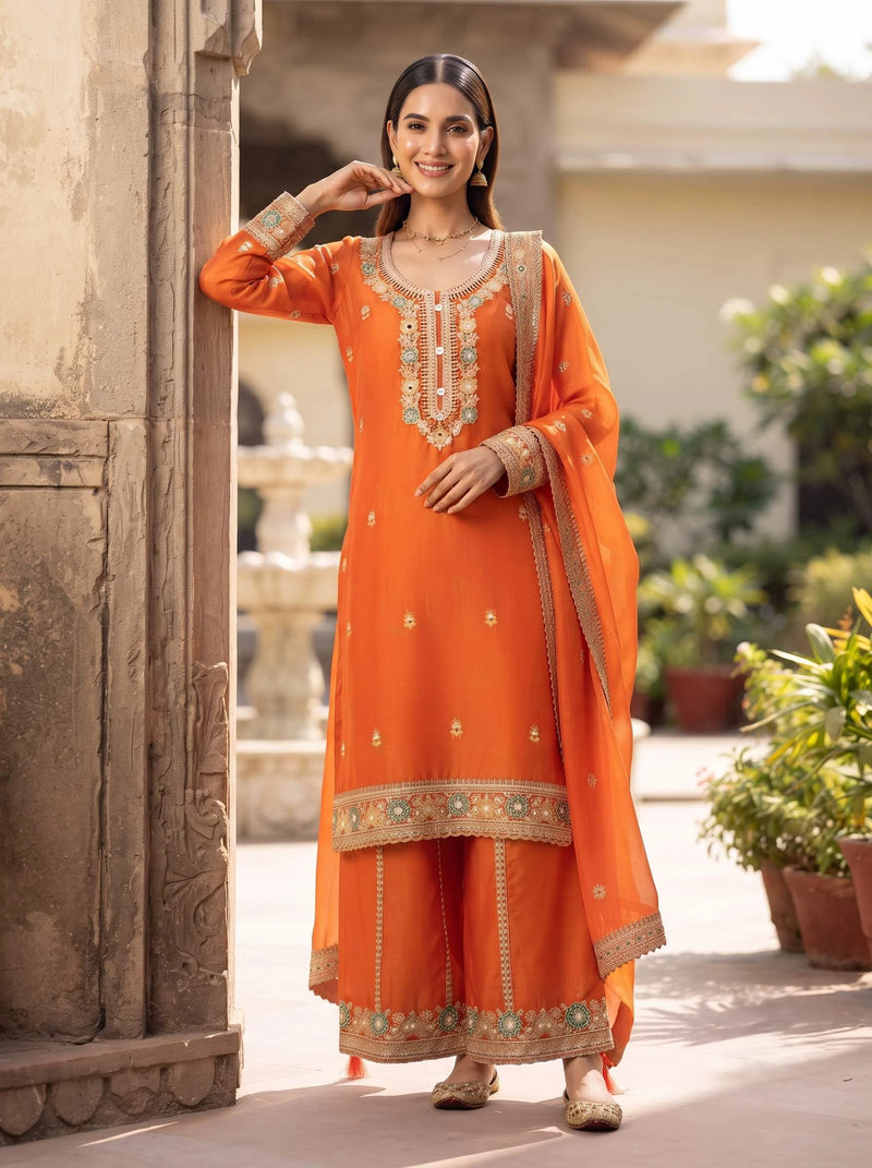 LEVANA ORANGE GARARA PURE CHIFFON SUIT WITH DUPATTA