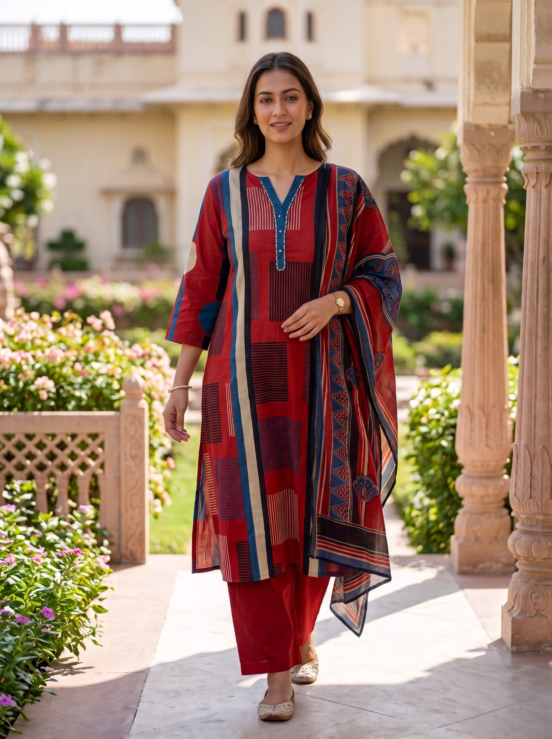 RUSTIC GEOMETRIC GRACE PURE COTTON THREADWORK A-LINE SUIT