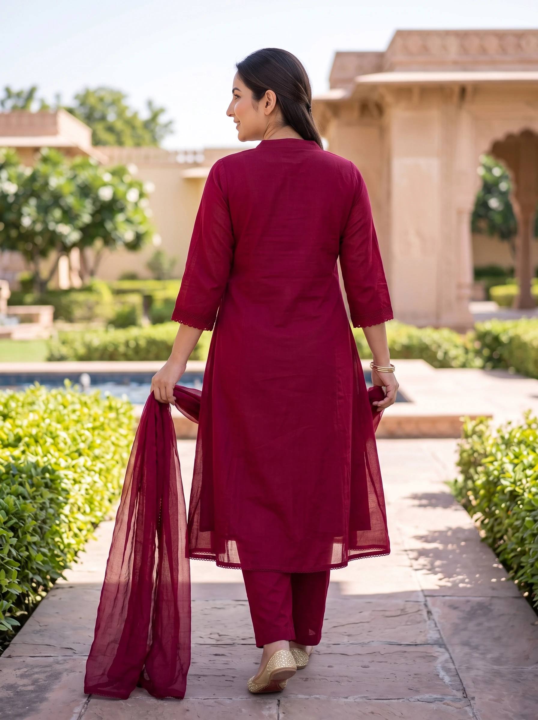 MAROON BLOSSOM THREADWORK A-LINE MUL COTTON SUIT