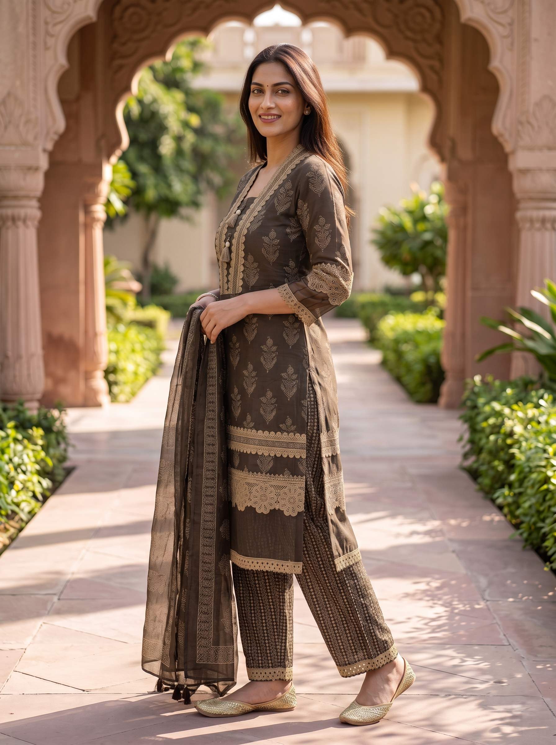 CHOCOLATE BROWN EMBROIDERED COTTON PAKISTANI SUIT WITH DUPATTA