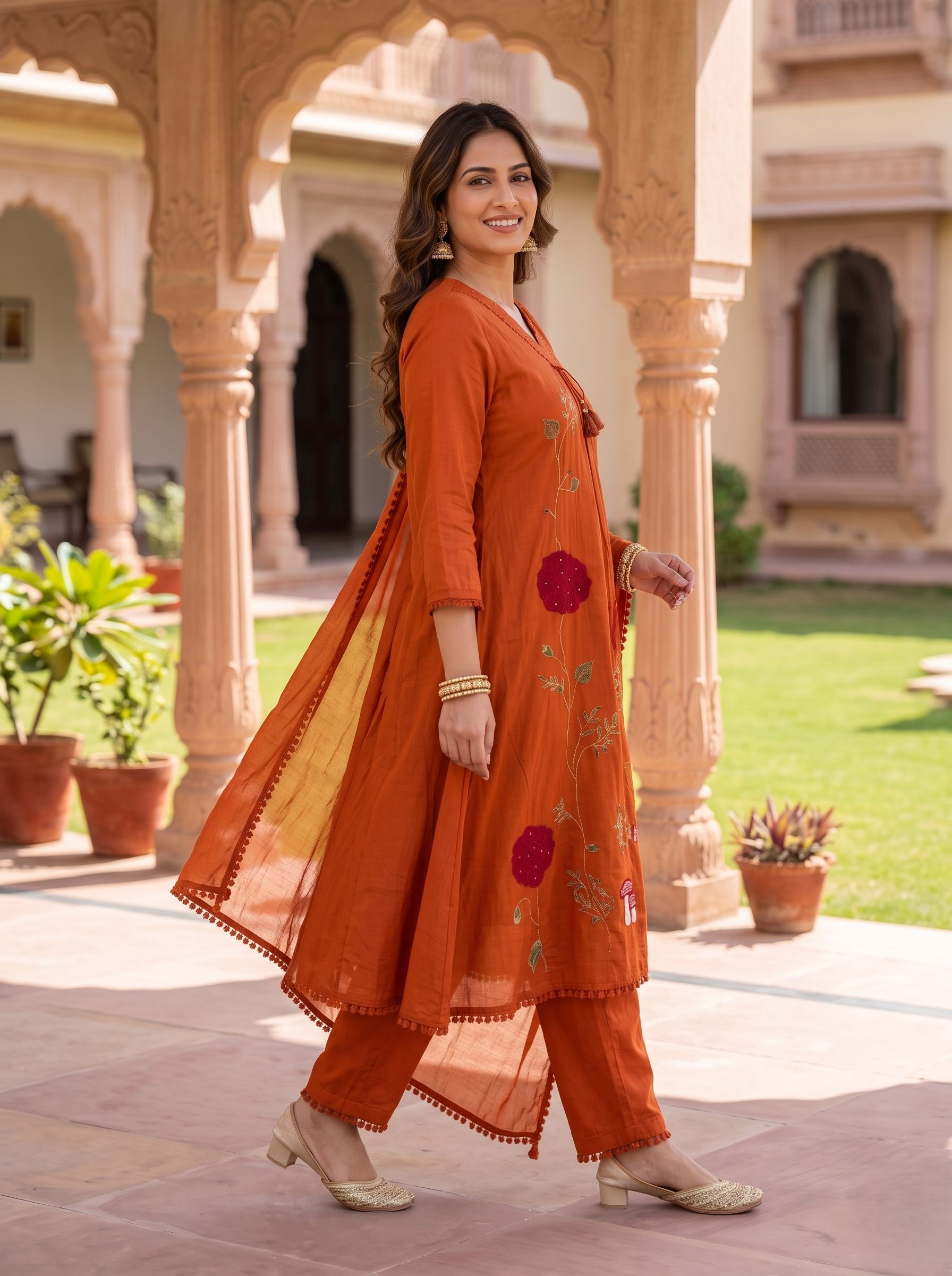 RUST ROSE EMBROIDERED PURE MUL COTTON A-LINE SUIT SET