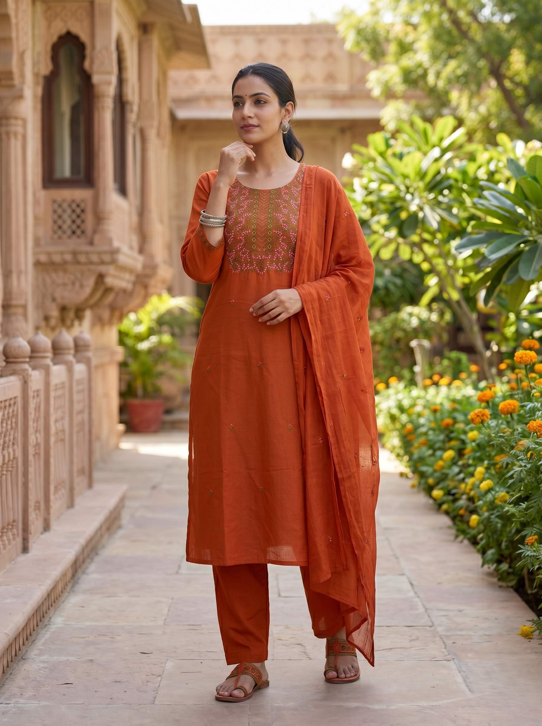 RUST ORANGE THREADWORK SUIT SET