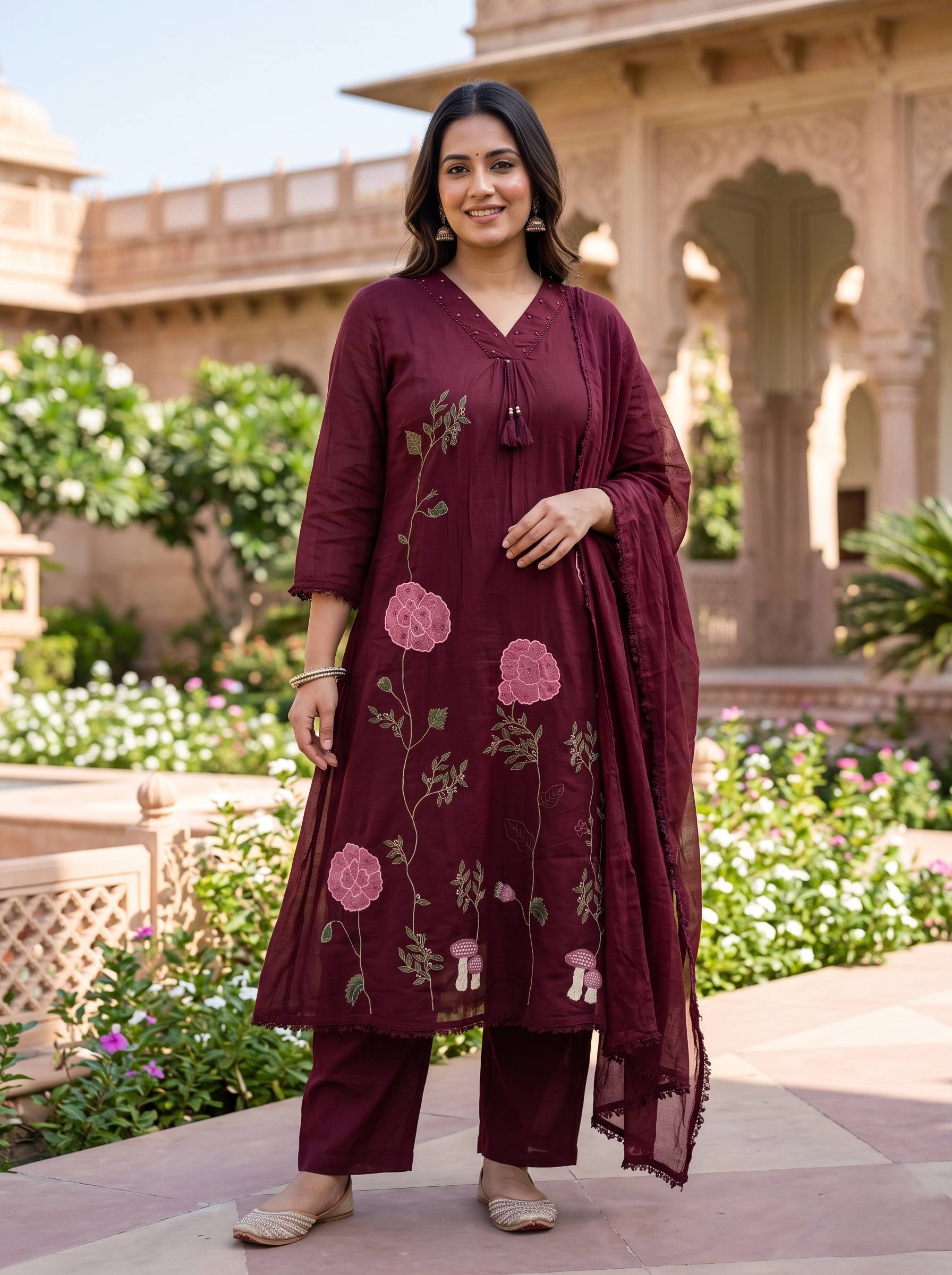 WINE RED PURE MUL COTTON A-LINE SUIT WITH DUPATTA