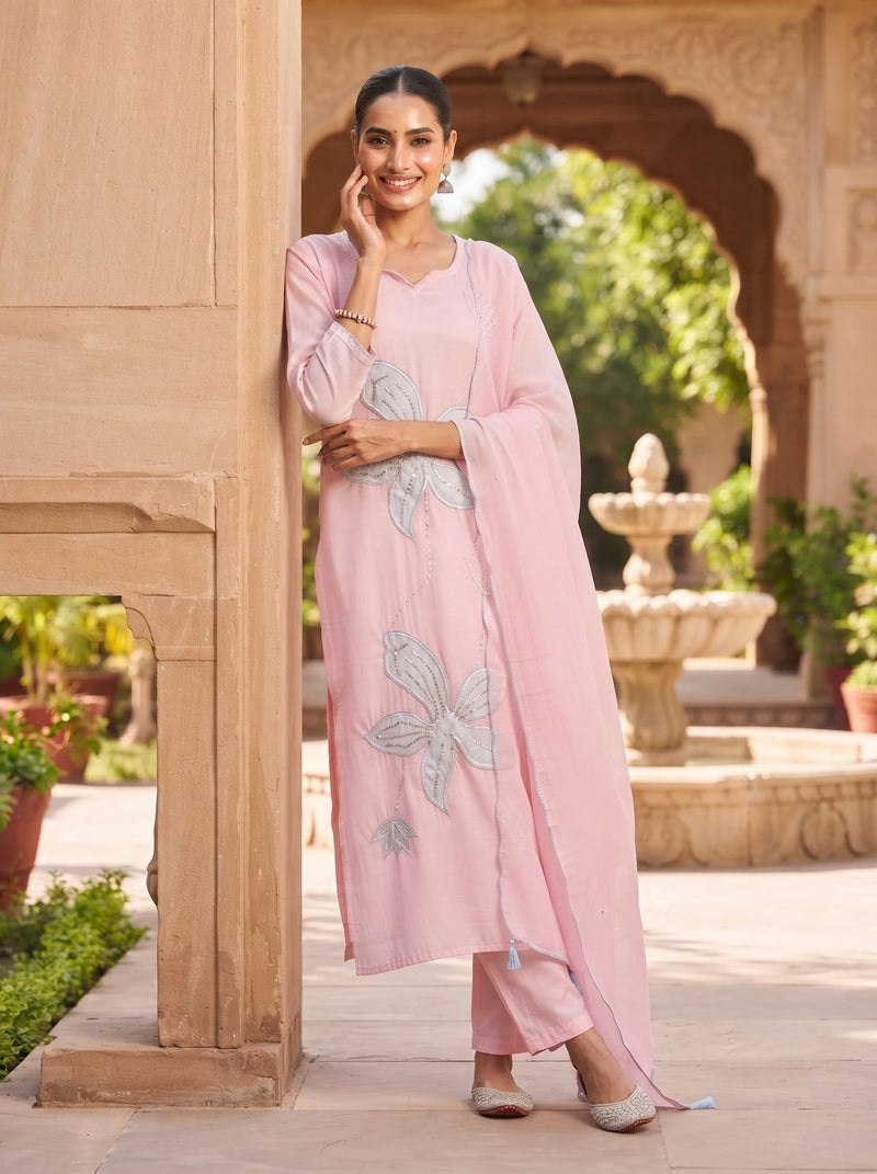 PASTEL PETAL HANDWORK PURE MUL CHANDERI SUIT WITH DUPATTA