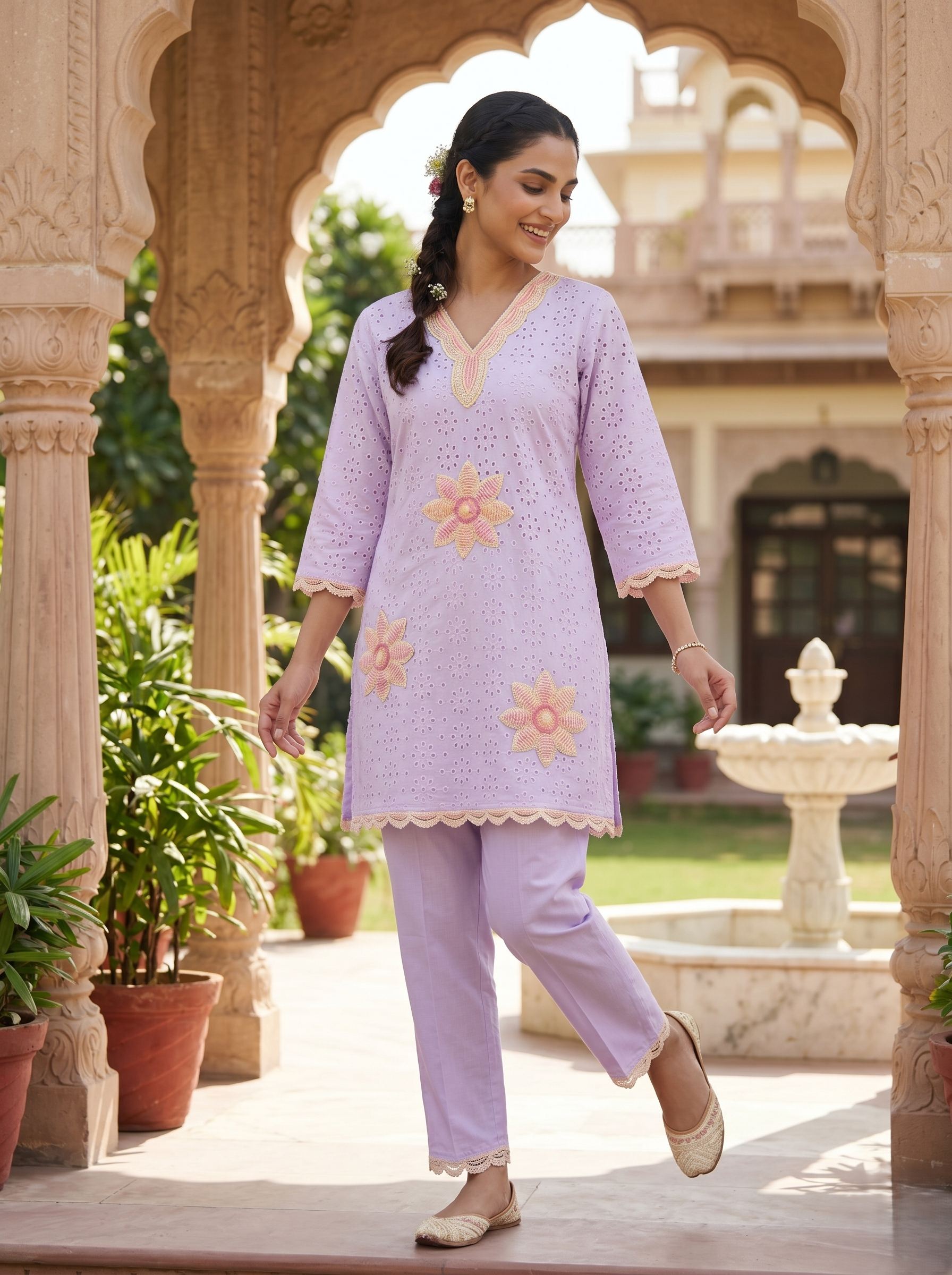 LAVENDER BLOOM CHIKANKARI PURE COTTON CO-ORD SET