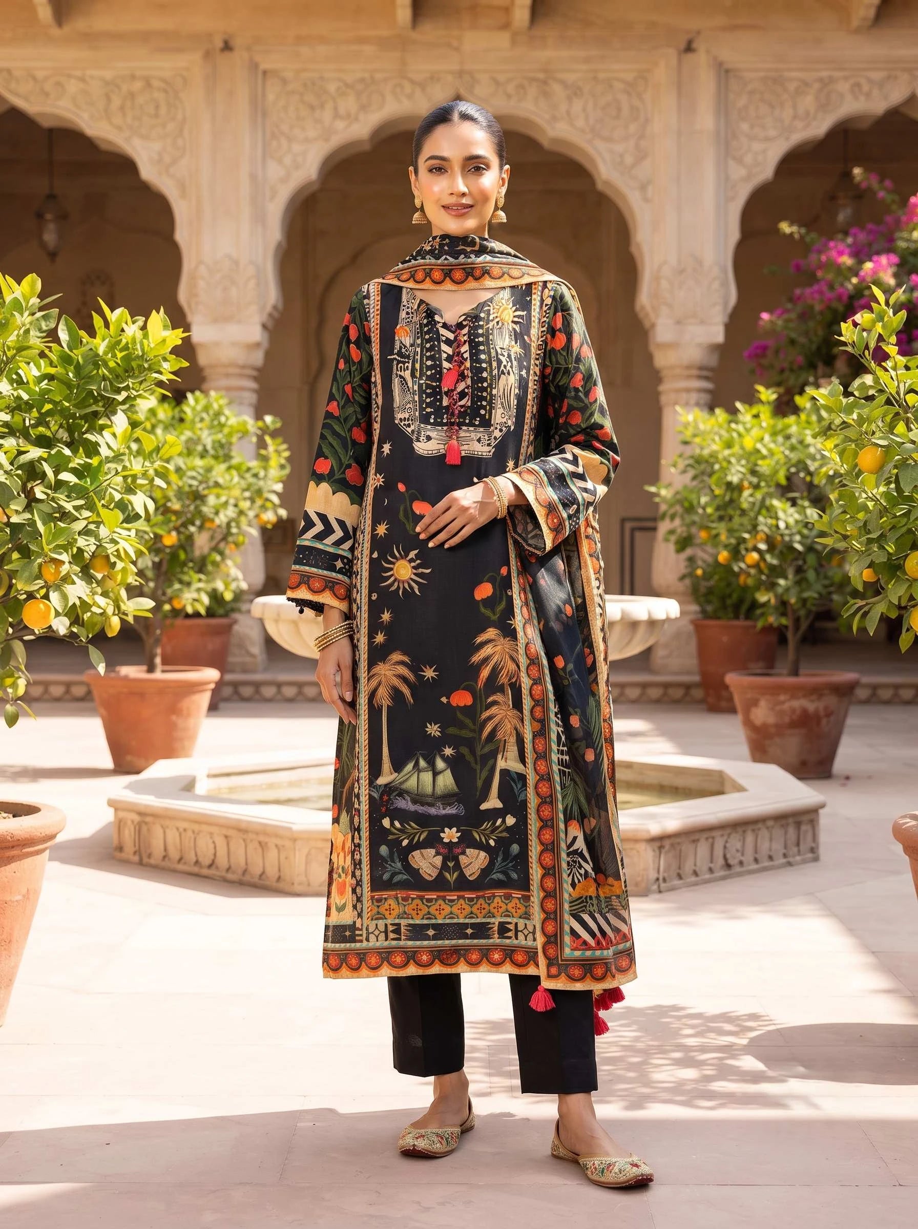 MIDNIGHT TRIBAL SEQUIN PURE CREPE SUIT WITH DUPATTA