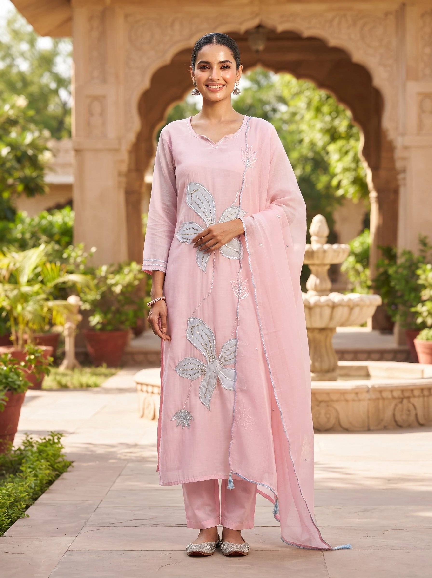 PASTEL PETAL HANDWORK PURE MUL CHANDERI SUIT WITH DUPATTA