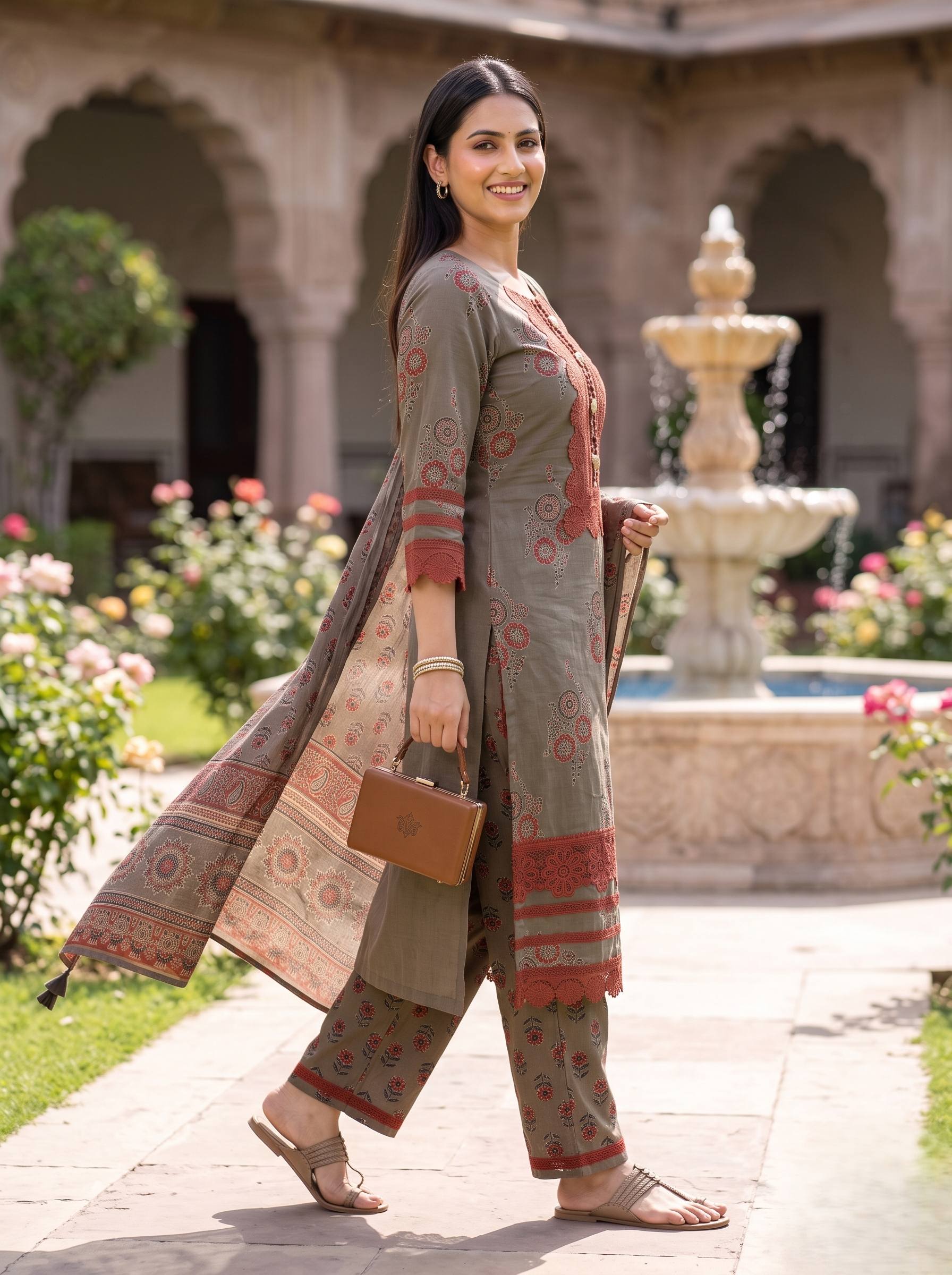 COFFEE BROWN EMBROIDERED COTTON PAKISTANI SUIT WITH DUPATTA