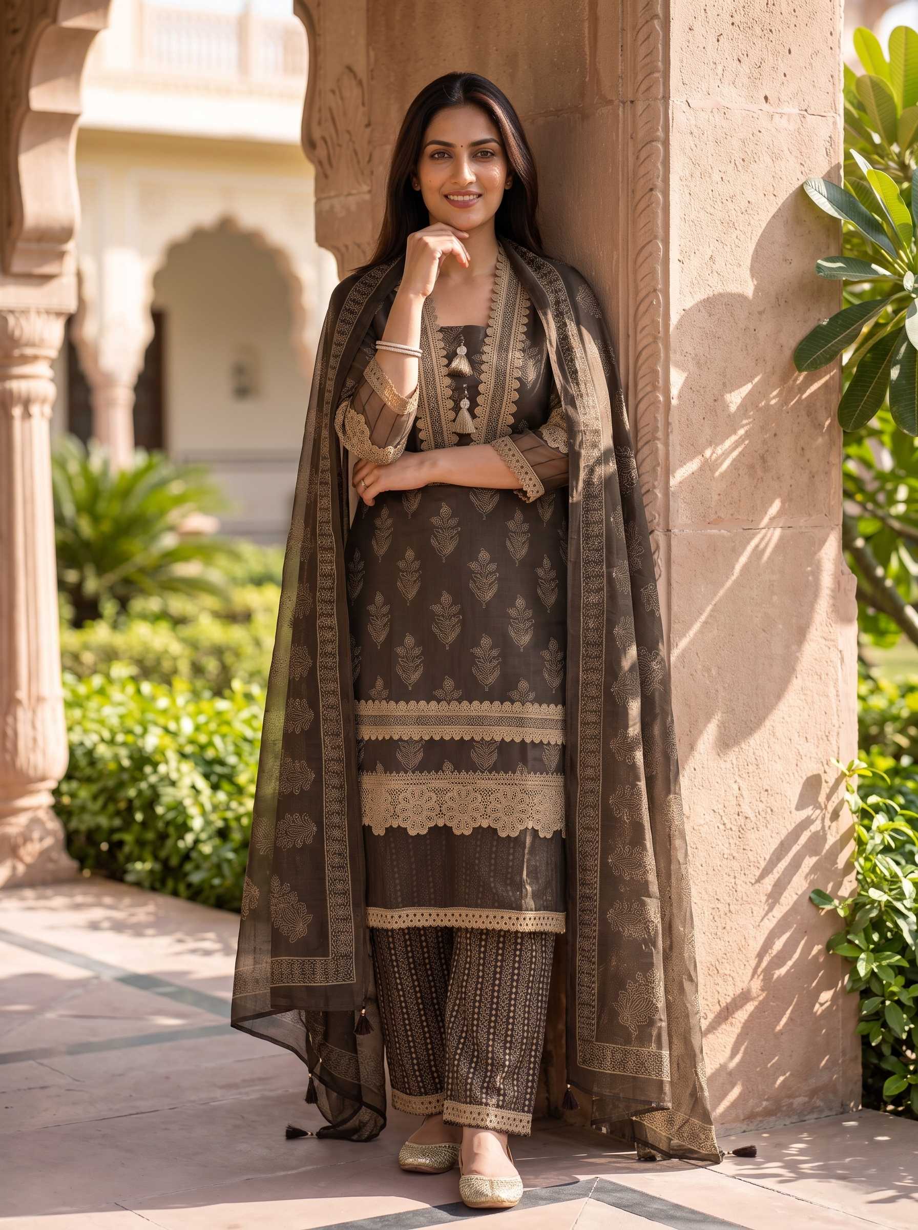 CHOCOLATE BROWN EMBROIDERED COTTON PAKISTANI SUIT WITH DUPATTA