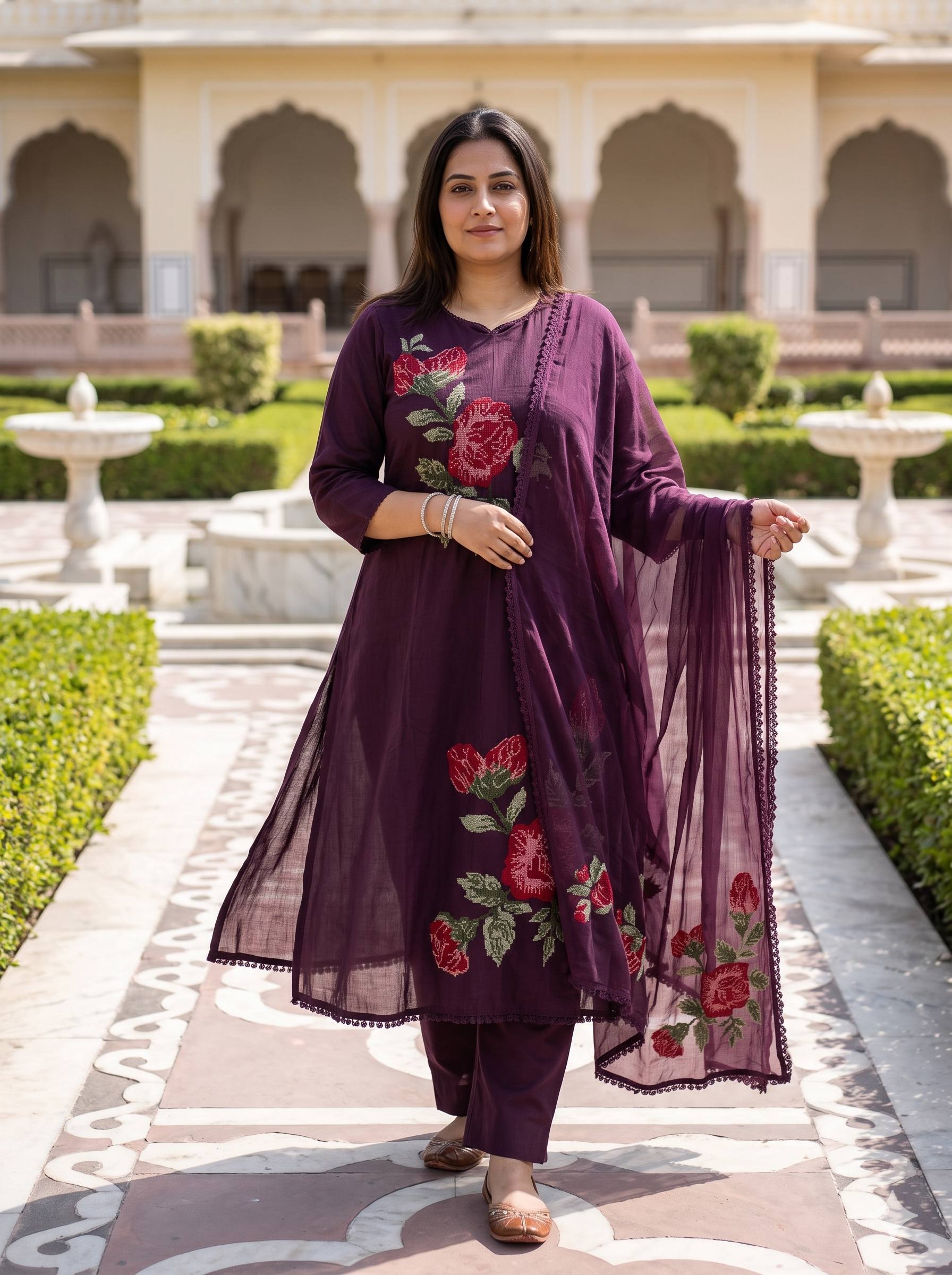 PLUM WINE EMBROIDERED PURE MUL COTTON A-LINE SUIT