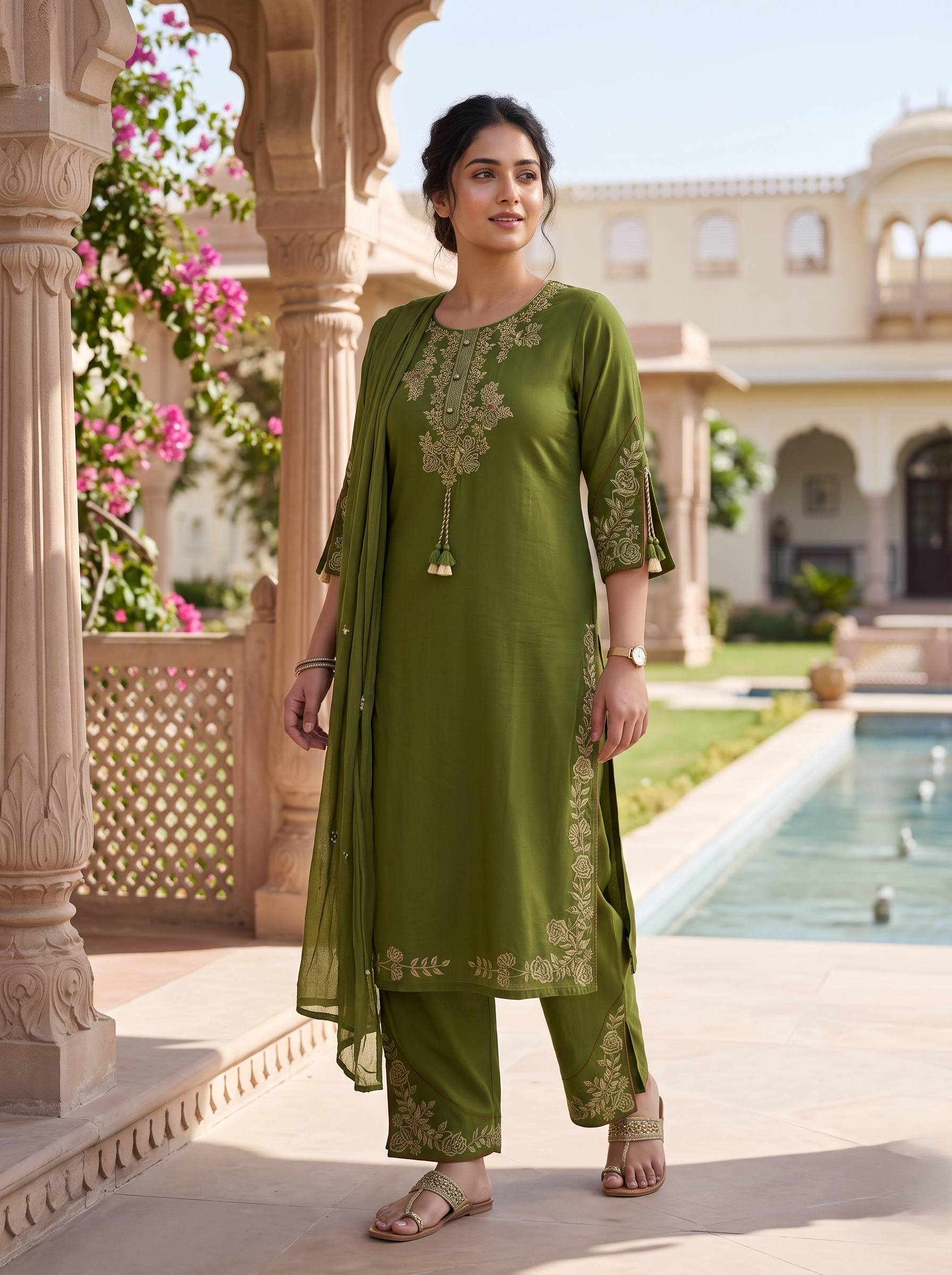 OLIVE GREEN PURE COTTON THREADWORK SUIT WITH DUPATTA