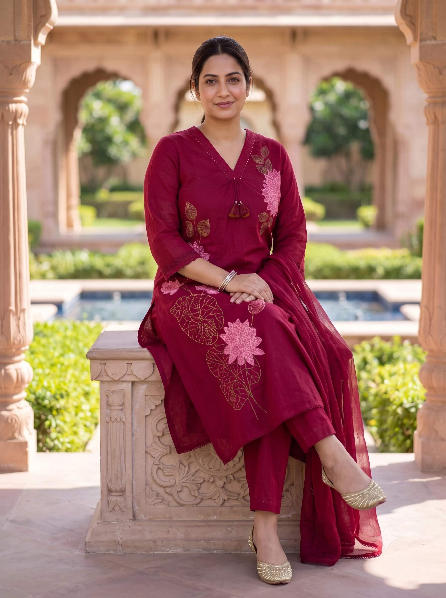 MAROON BLOSSOM THREADWORK A-LINE MUL COTTON SUIT