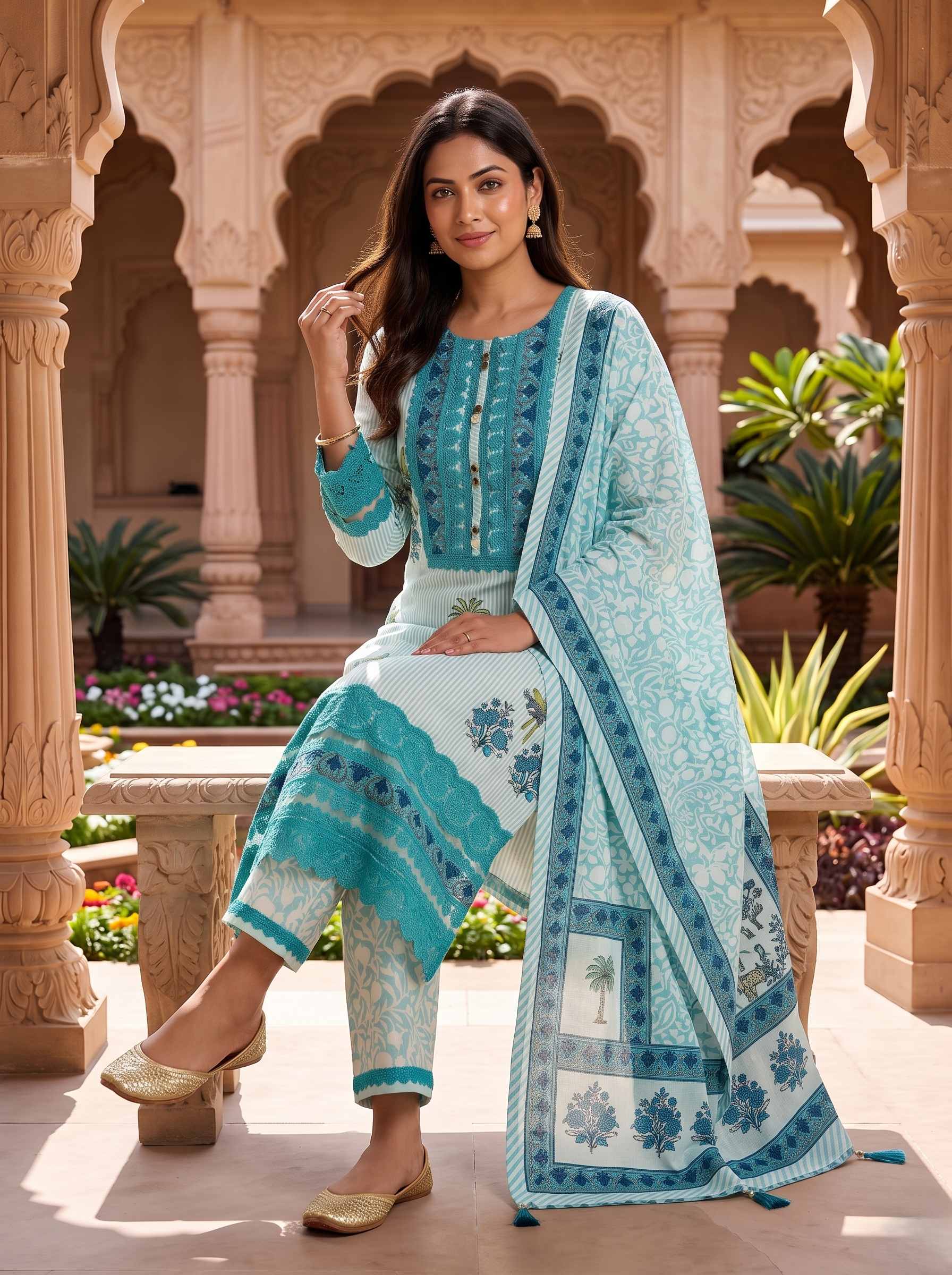 AQUA BLUE EMBROIDERED COTTON PAKISTANI SUIT WITH DUPATTA