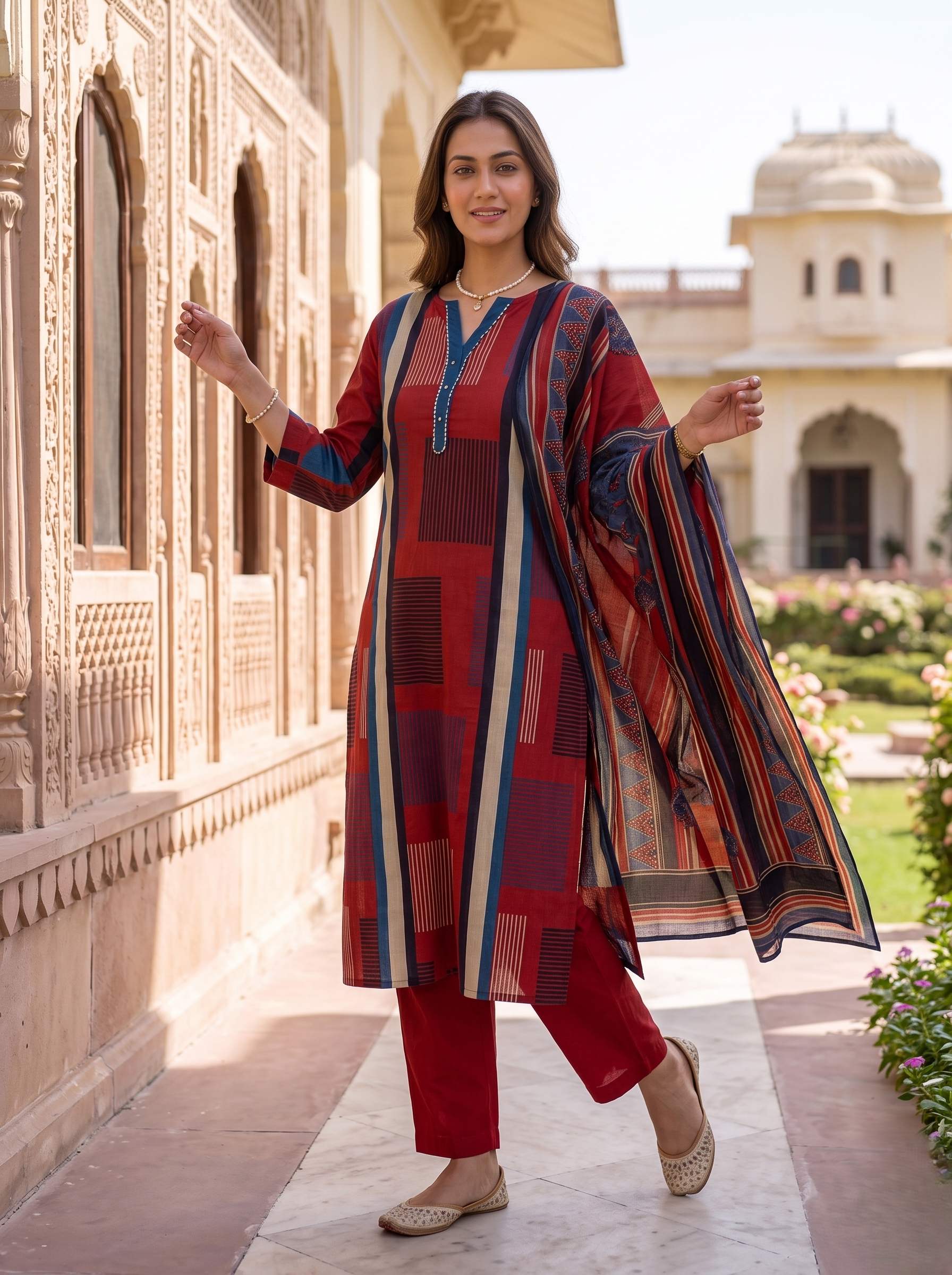 RUSTIC GEOMETRIC GRACE PURE COTTON THREADWORK A-LINE SUIT